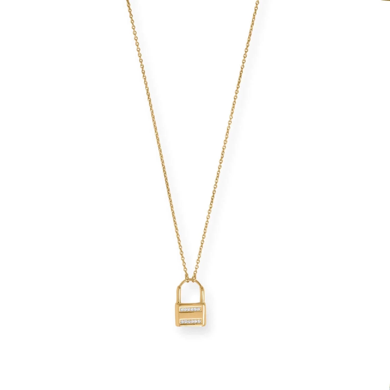 14K Gold Plated Cubic Zirconia Lock Pendant Necklace for Women - Elegant Jewelry Gift for Birthday, Anniversary & Valentine's Day