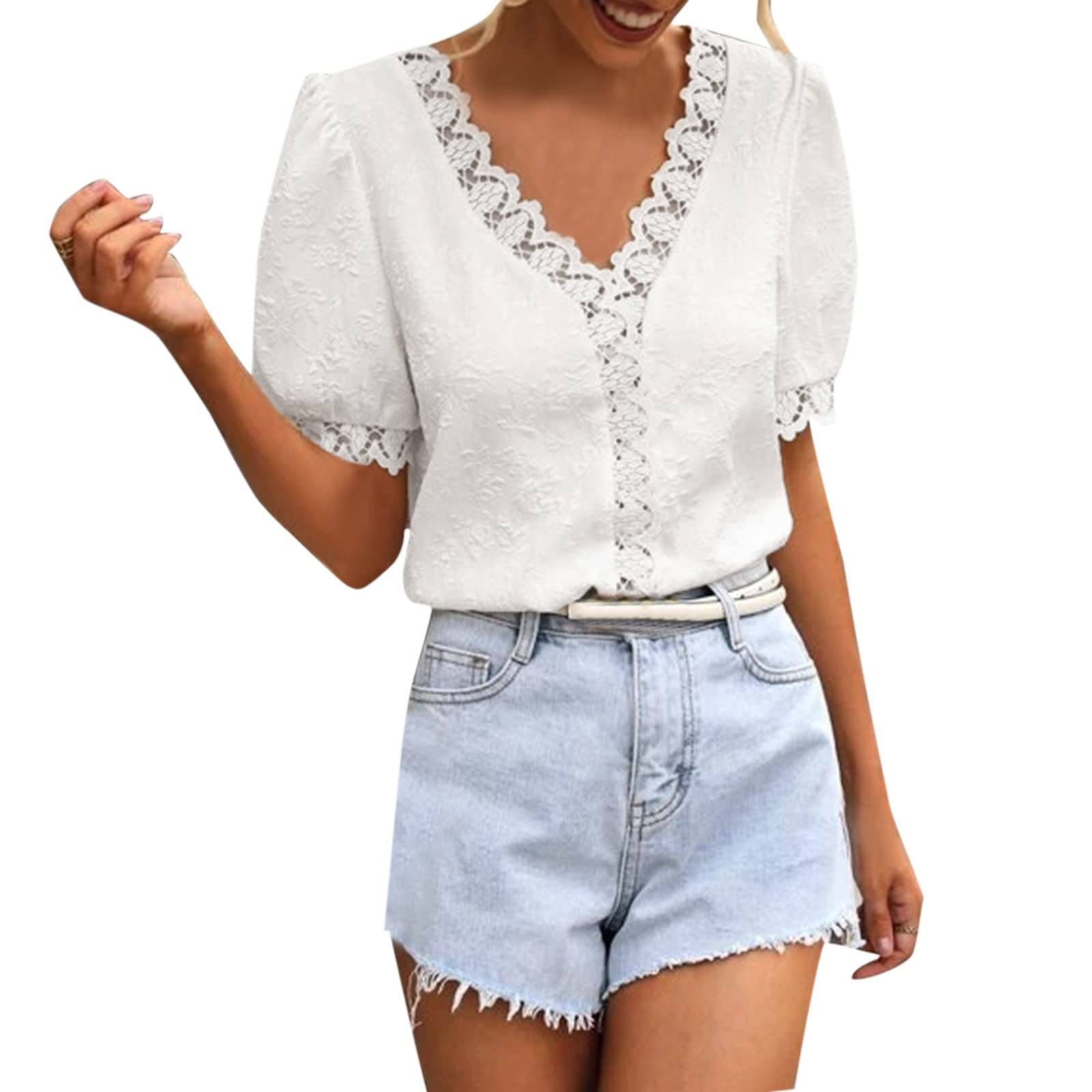 Elegant Women's V-Neck Lace Crochet Pom Flowy Short Sleeve Blouse - Casual & Dressy Tops for Work, Party & Date Night (White, XXL)