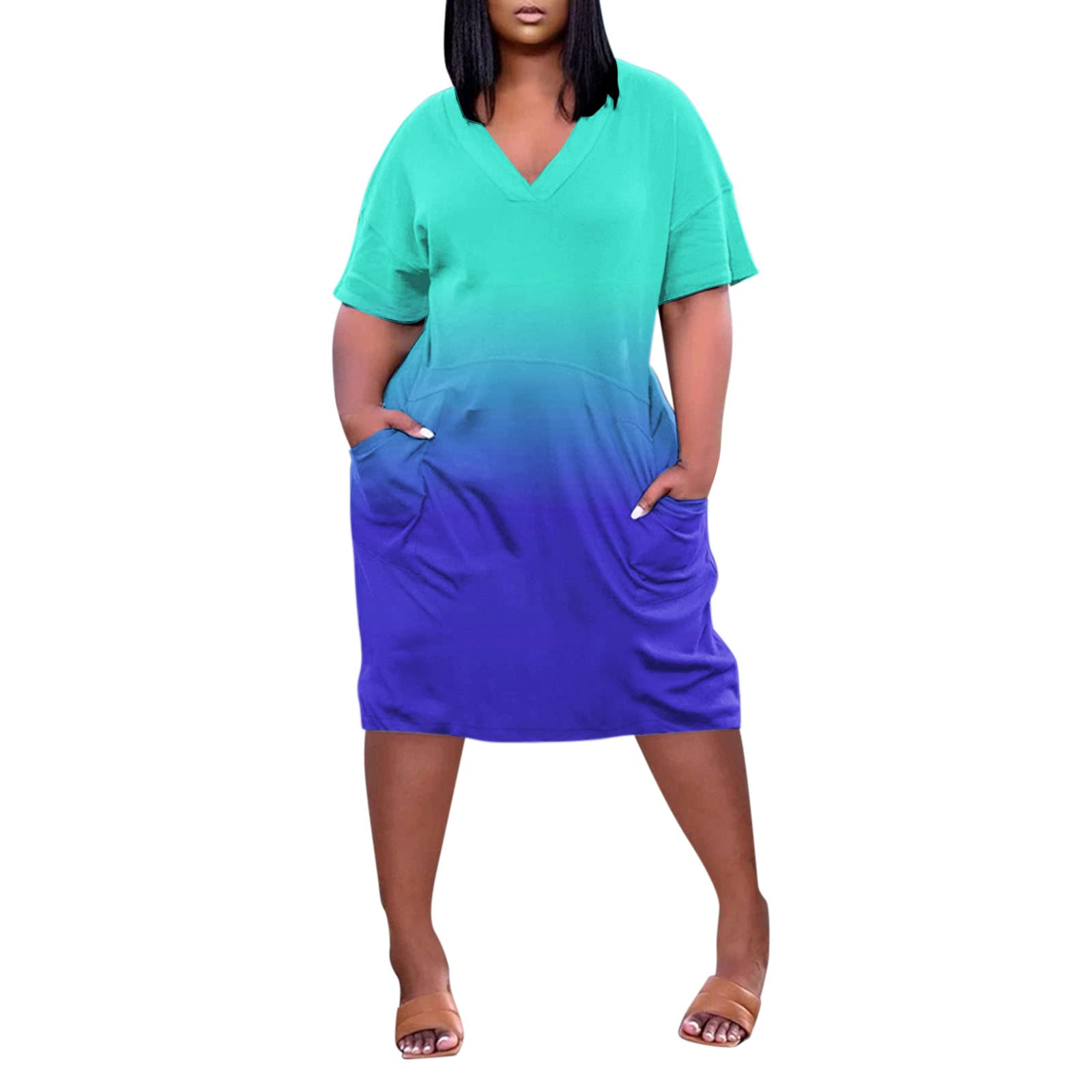 Women's Plus Size Tie Dye Summer Dress - Short Sleeve Casual Loose Fit V Neck Party Cocktail Dress with Pockets | Perfect for Beach Vacations, Outdoor Parties & Date Nights