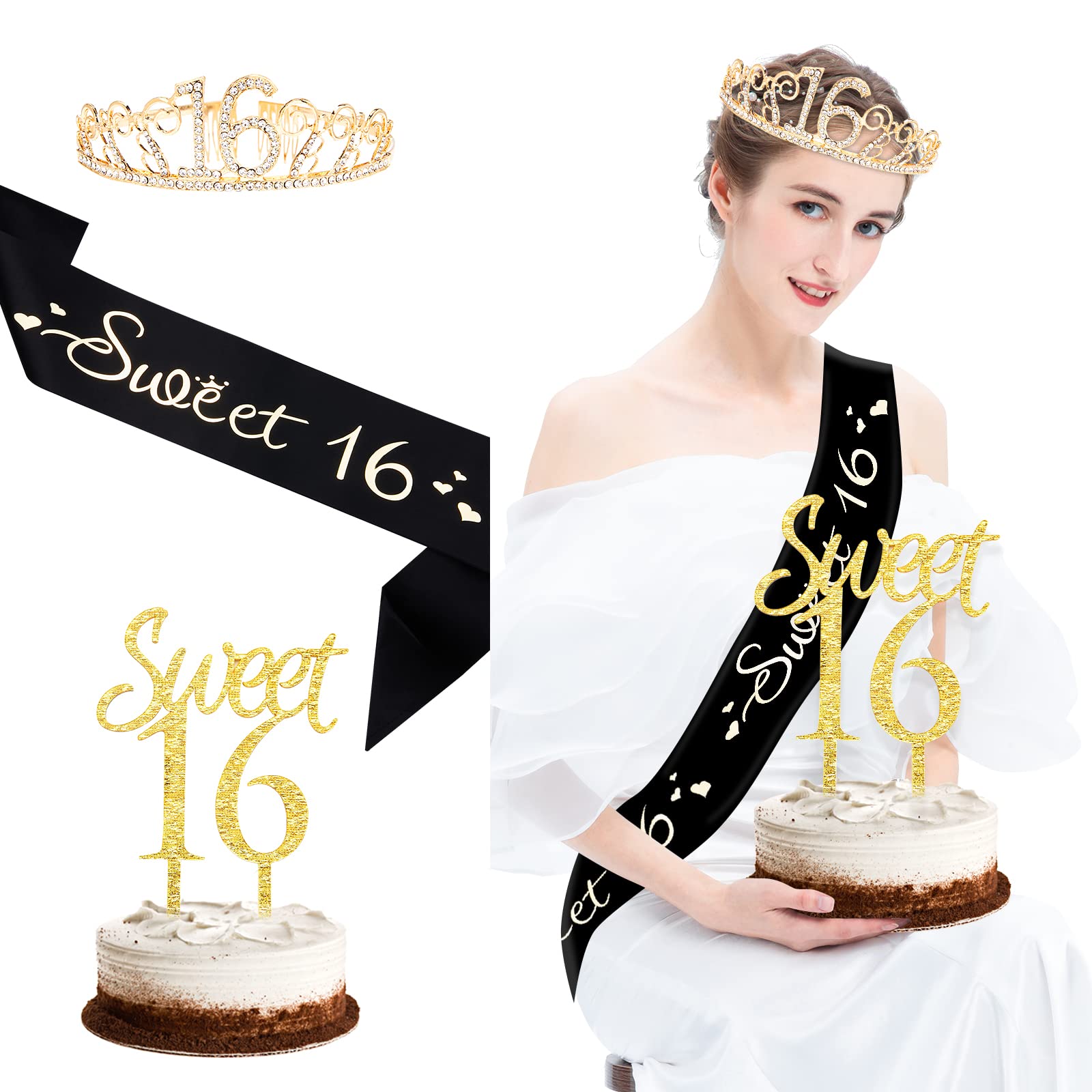 **Sweet 16 Cake Toppers Set - Acrylic Gold Glitter Cake Topper with Black & Gold Sash & Tiara for Girls (3PCS) - Perfect for Sweet 16 Birthday Party Decorations**