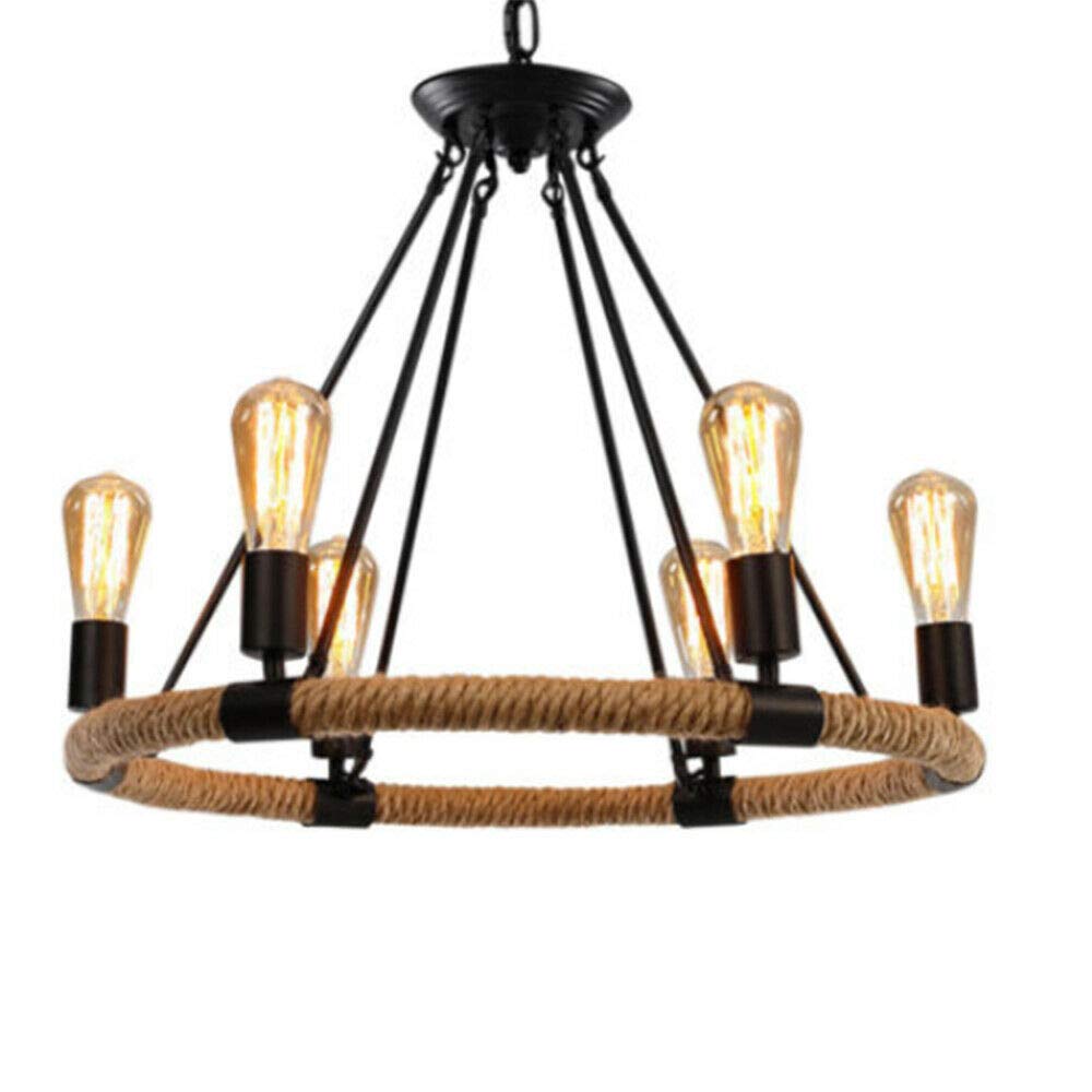 6/8-Light Metal Island Chain Ceiling Lamp - Rustic Industrial Pendant Light with Hemp Rope - Round Retro Chandelier for Living Room, Bedroom, Kitchen & Bar - Perfect for Farmhouse, Loft & Industrial Decor