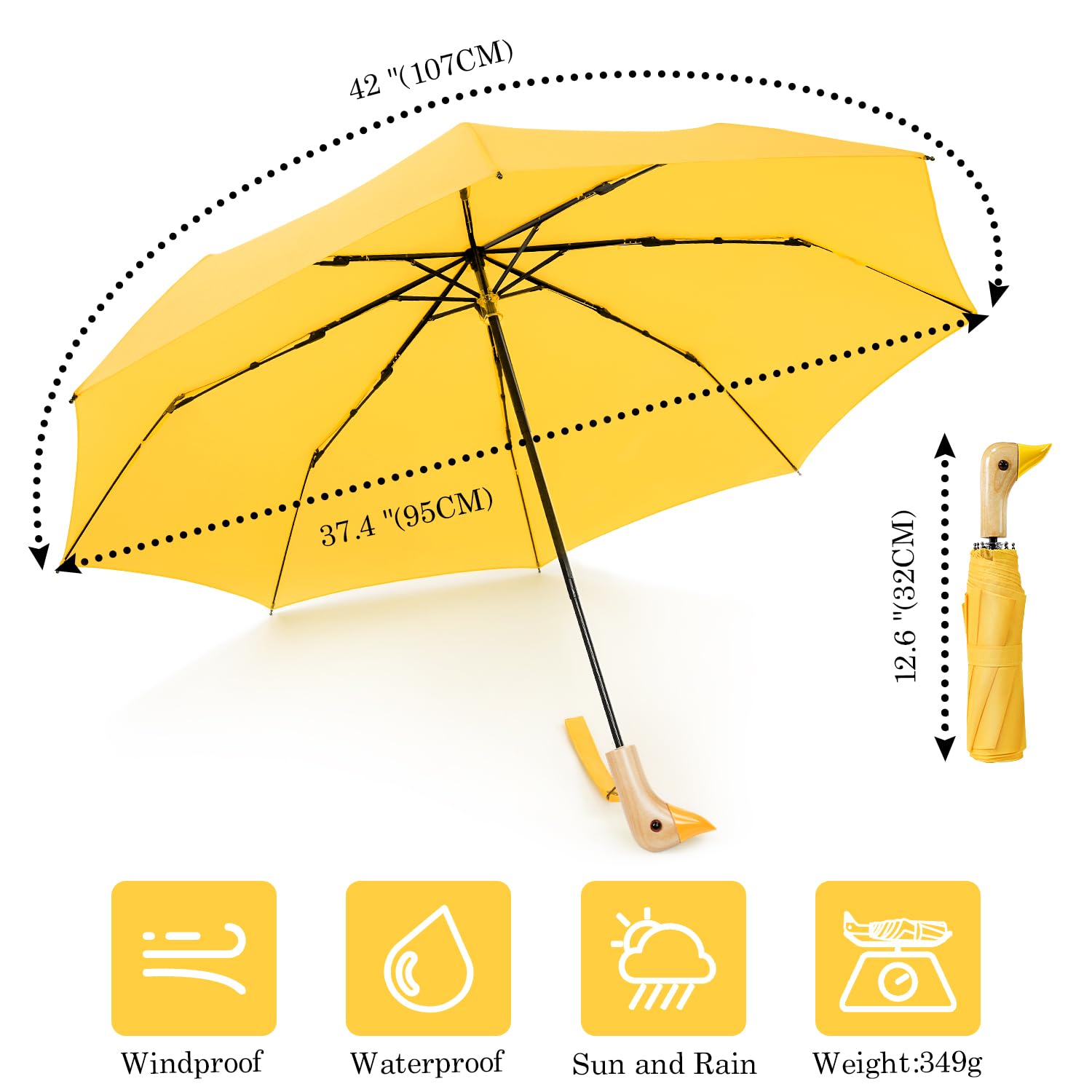 Cute Duck Handle Umbrella - Compact Travel Yellow Duck Head Umbrella for Women & Girls, Lightweight Wood Handle Small Folding Umbrella - Perfect for Rainy Days, Outdoor Activities & Fashion Accessory