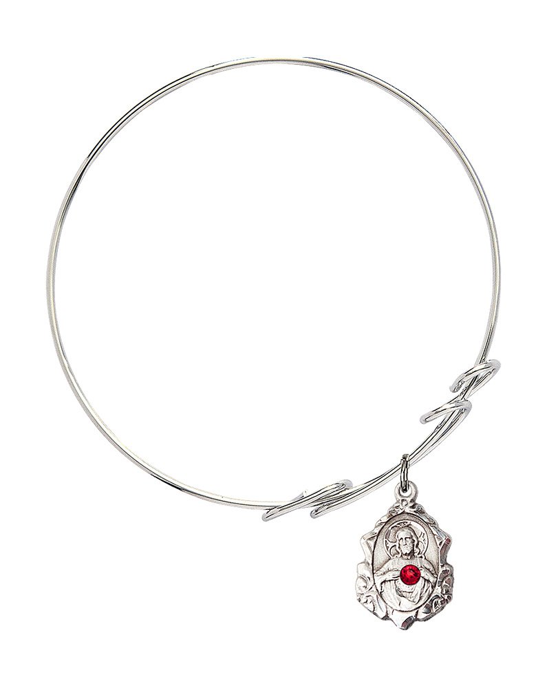 8 Inch Round Double Loop Bangle Bracelet with Scapular Medal Charm & July Red Crystal - Elegant Jewelry for Women, Perfect for Parties, Weddings, and Everyday Wear