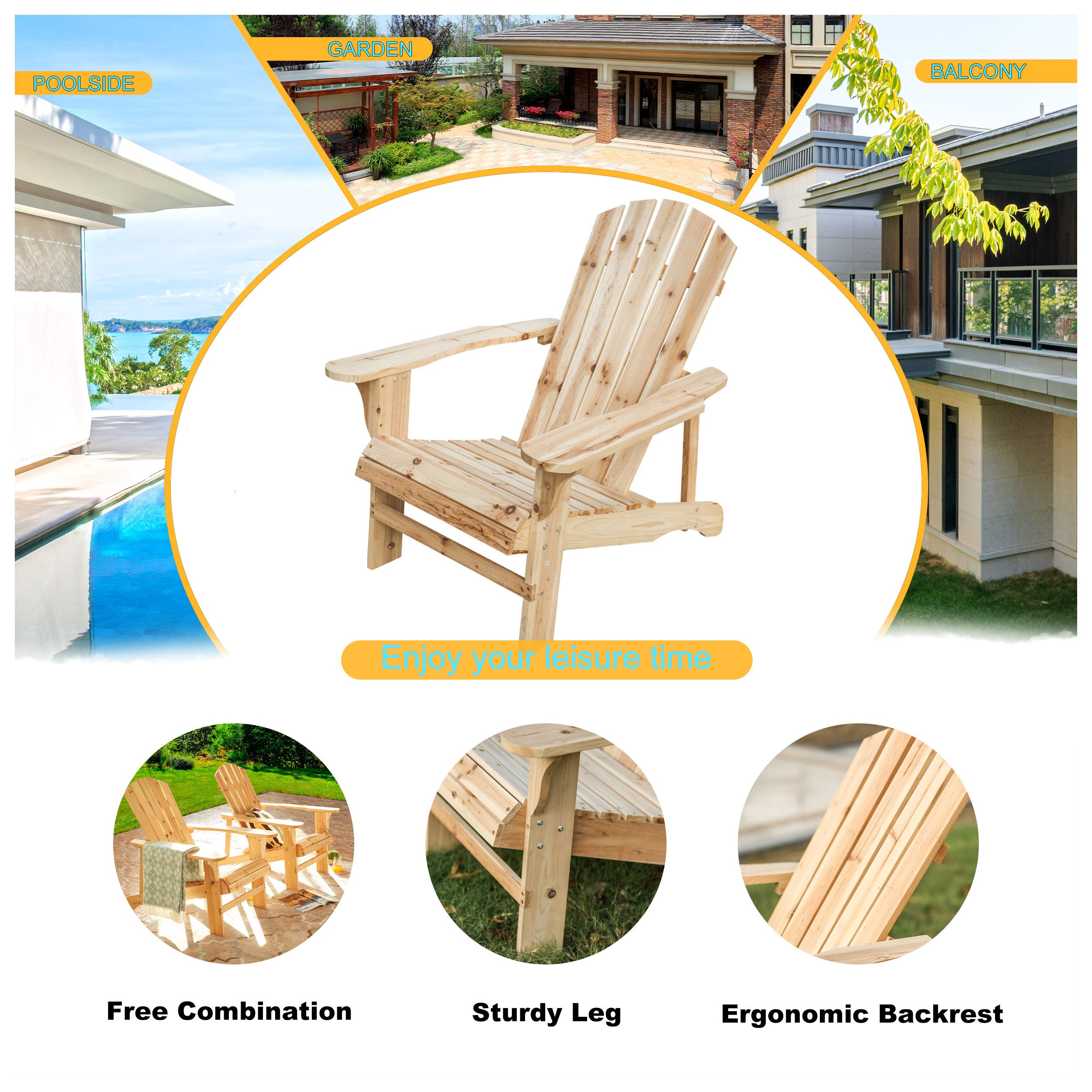 LOKATSE HOME Natural Wood Single Adirondack Chair - Outdoor Patio Furniture for Garden, Deck, Poolside & Backyard Relaxation