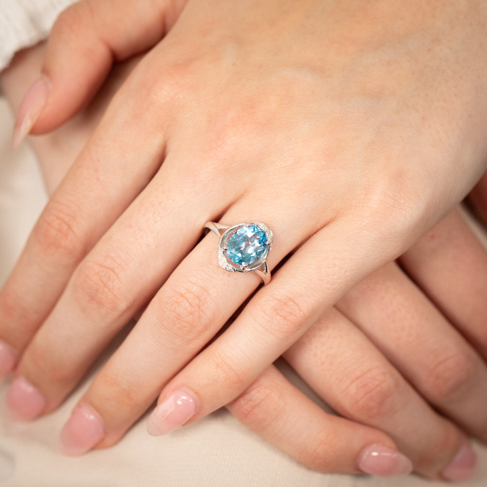 9ct White Gold Natural Blue Topaz & Diamond Ring for Women - Elegant Birthstone Jewelry Gift for Anniversary, Engagement & Special Occasions