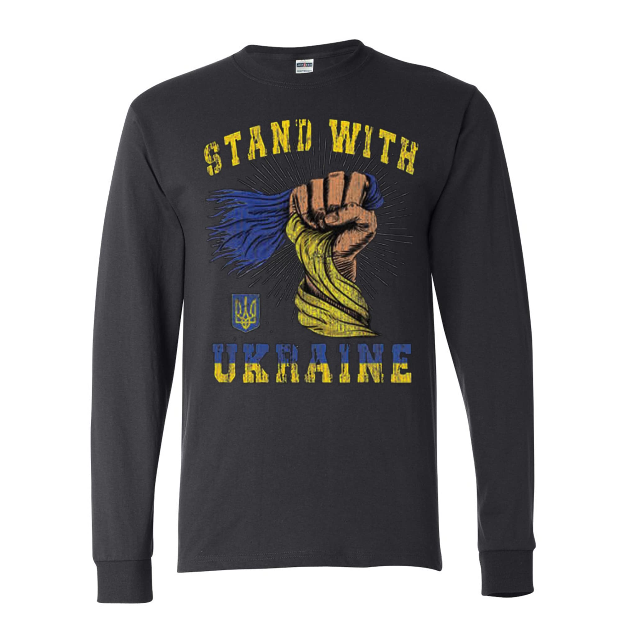 Wild Custom Apparel Stand with Ukraine Distressed T-Shirt - Men's Long Sleeve Graphic Tee for Patriotic Support & Casual Wear