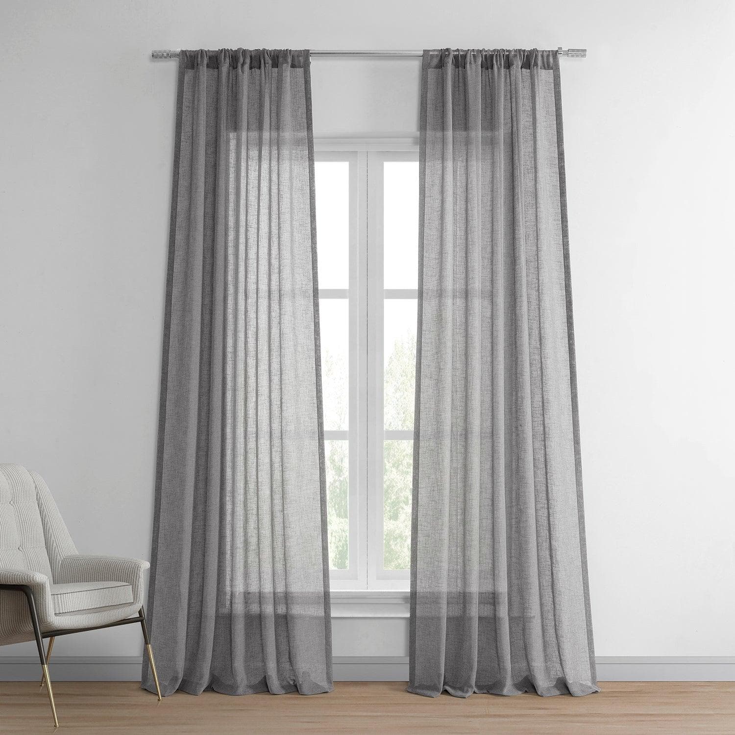 Gravel Grey Textured Faux Linen Sheer Curtains - Light Filtering Window Drapes for Living Room, Bedroom & Office Decor