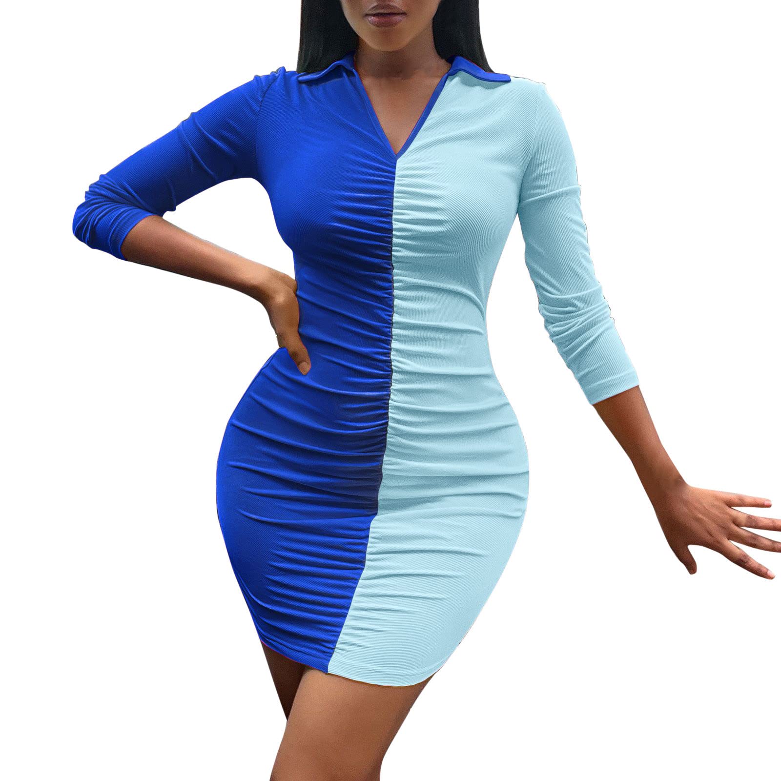 Sexy V-Neck Color Block Slim Dress for Women - Long Sleeve Bodycon Dress for Spring - Perfect for Date Night, Office Wear & Cocktail Parties