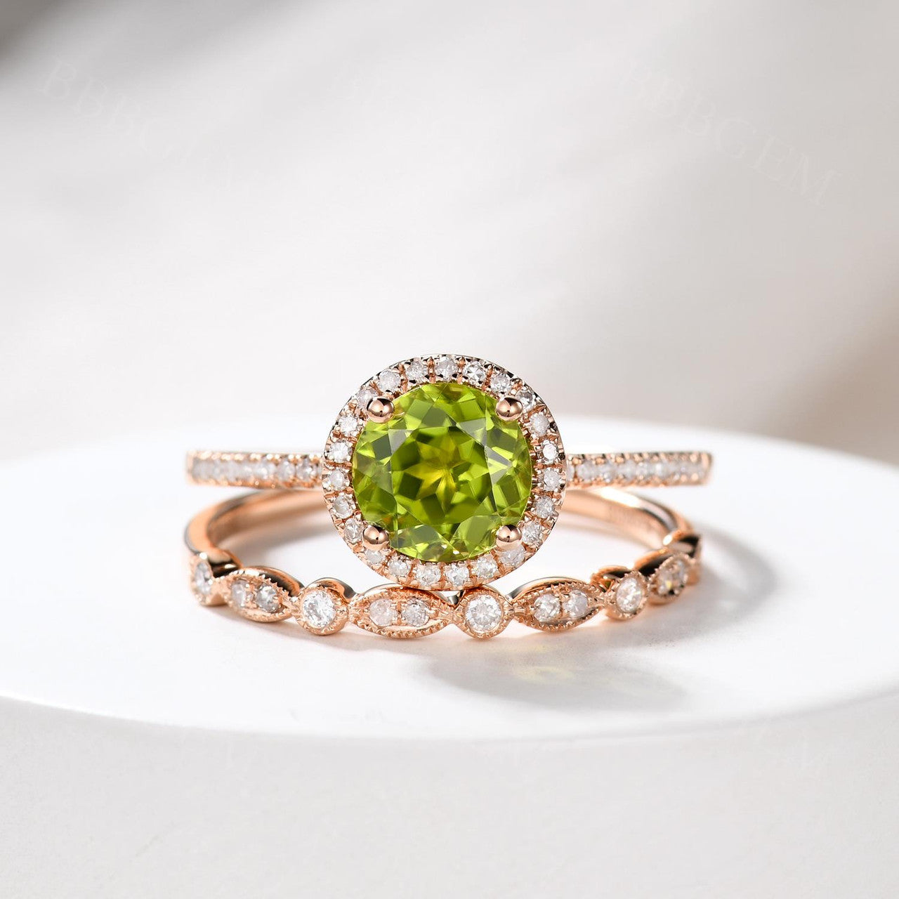 7mm Round Cut Peridot Engagement Ring Set with Diamond Wedding Band in 14K Yellow Gold - Perfect for Bridal Jewelry, Anniversary Gifts & Special Occasions