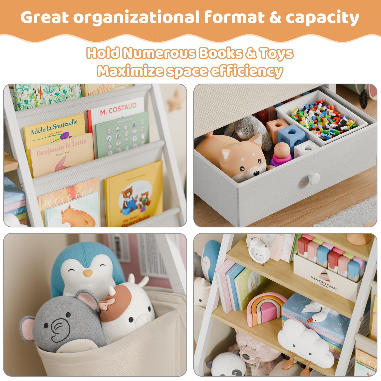 Kids Bookshelf and Toy Storage Organizer - White Wooden Bookcase for Nursery, Toddler Room & Montessori Playroom - Perfect for Organizing Books, Toys & Learning Materials