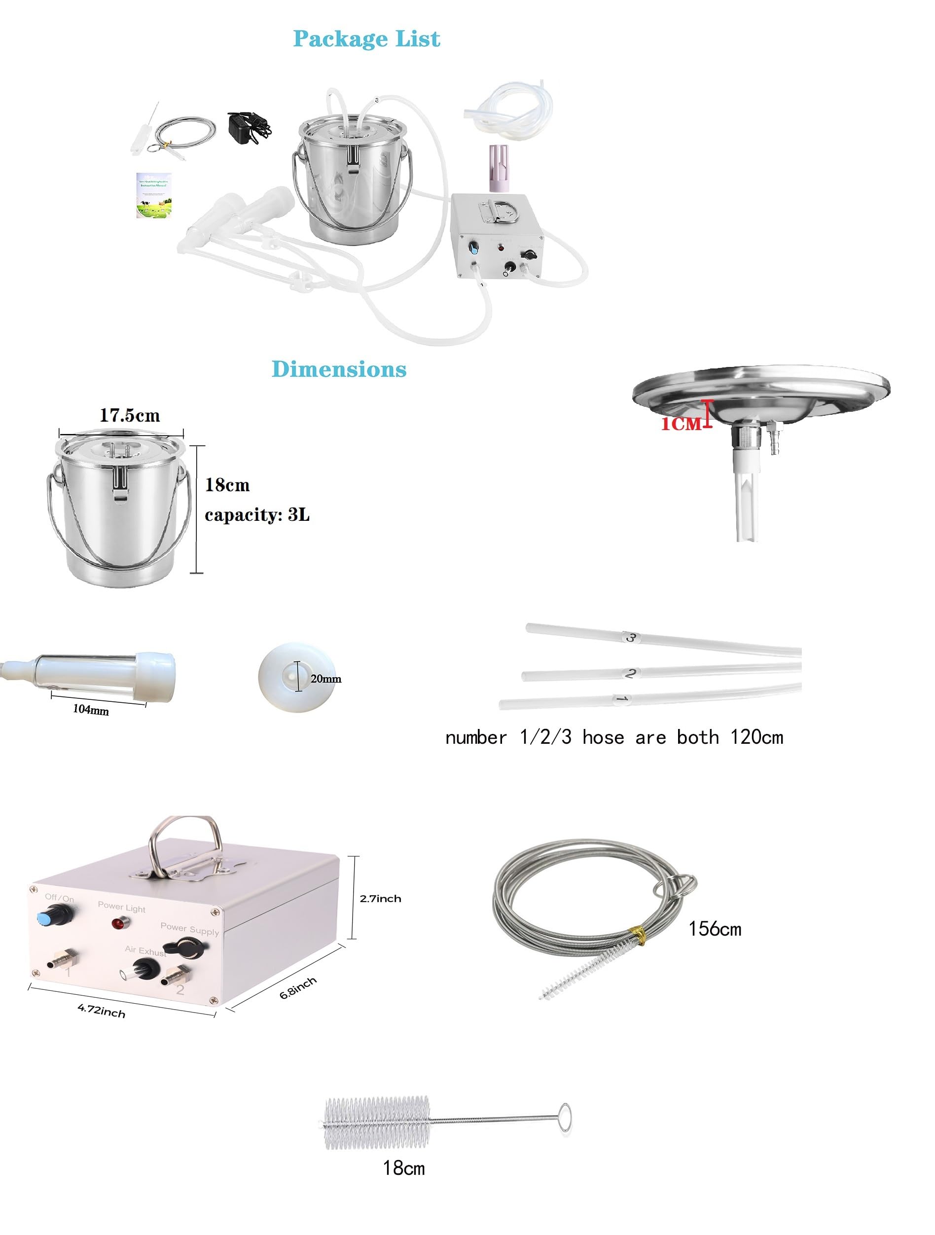 Lyfreen 3L Electric Goat Milking Machine with Auto Stop & Adjustable Speed - Stainless Steel Bucket, Pulsating Pump, Check Valve & Cleaning Brush - Perfect for Small Farms, Homesteads & Dairy Goat Owners