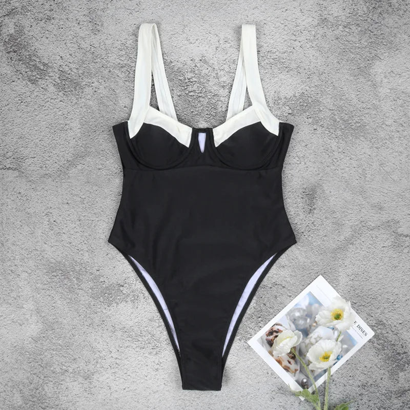 Women's Sexy Backless One Piece Swimsuit - Black & White Beach Bikini Set with Adjustable Shoulder Straps | Perfect for Summer Vacations, Pool Parties & Tropical Getaways