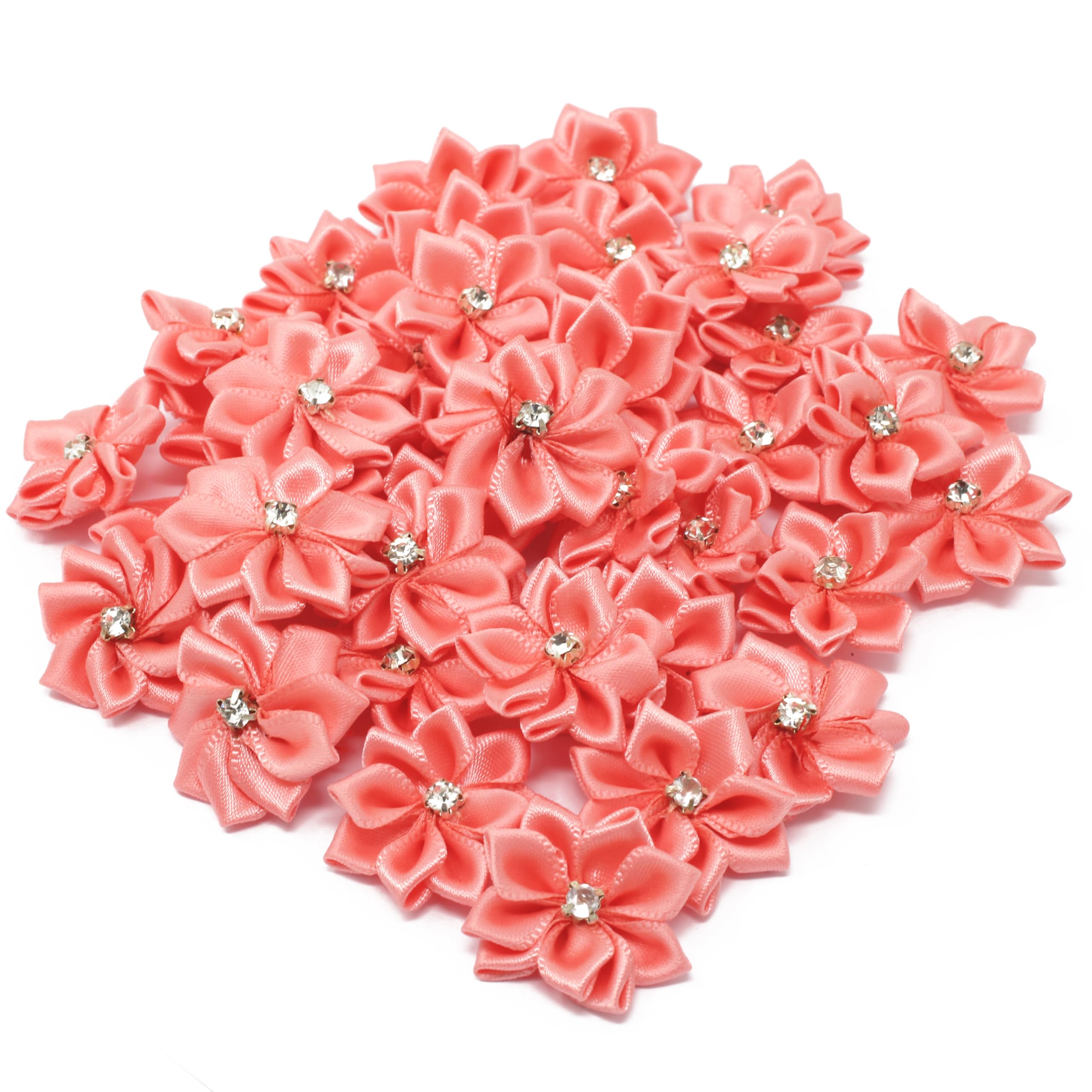 25mm Satin Ribbon Watermelon Flowers with Rhinestone Center - Pack of 25 DIY Craft Flowers for Hair Clips, Headbands, Wedding Decorations and Gift Wrapping