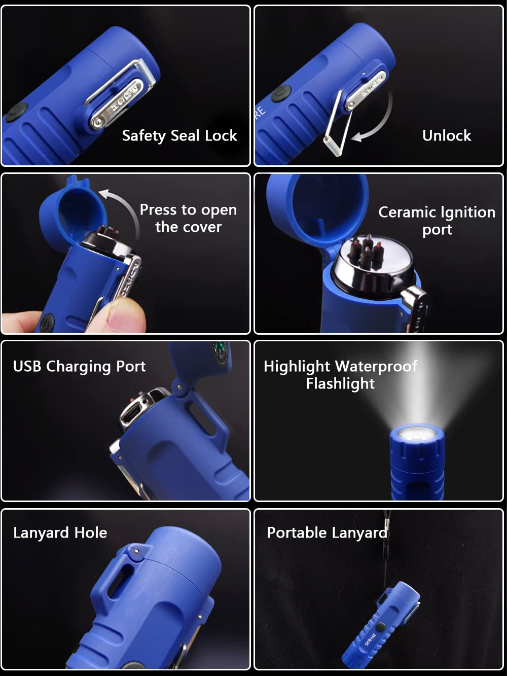 Plasma Windproof Arc Lighter - USB Rechargeable Electric Lighter with Dual Arc, Waterproof & Flameless Design - Perfect for Camping, Hiking, Hunting & Outdoor Survival (3-in-1, Blue) | Great for Lighting Candles, Cigars & Fireplaces in Any Weather Conditions