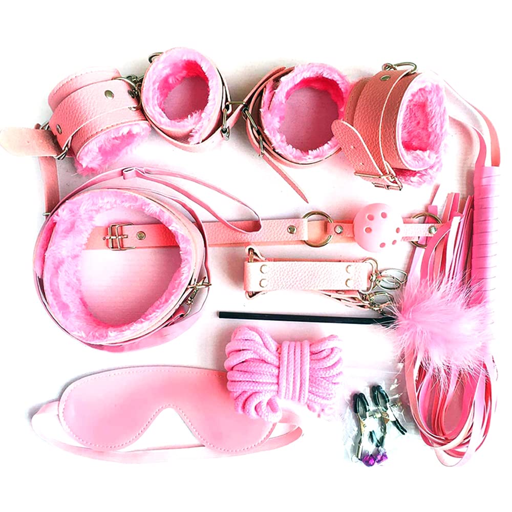 10-Piece Adjustable Bondage Set - Eco Leather & Satin Bag Included - Sex Toys for Couples (Pink) - Perfect for BDSM, Roleplay & Spicing Up Your Bedroom