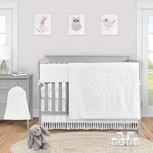 Sweet Jojo Designs White Boho Bohemian Baby Girl Nursery Crib Bedding Set - 5 Piece Cotton Crib Set with Embroidered Details, Shabby Chic Luxury Nursery Decor for Girls, Perfect for Vintage-Themed Nurseries and Baby Showers