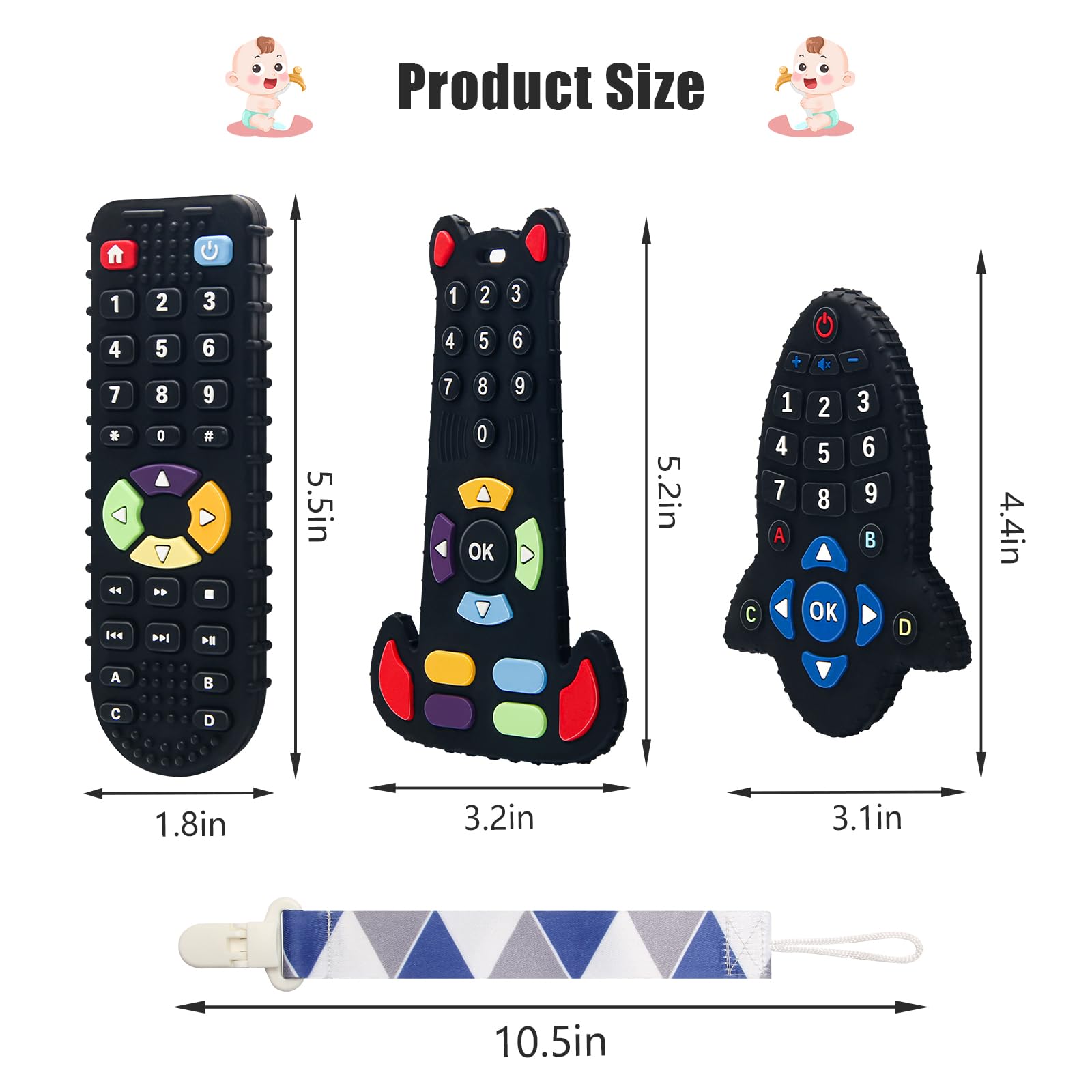 Wiwaplex Baby Teething Toys for 3-18 Months - 3 Pack Food Grade Silicone Teether, BPA Free Chew Toys in TV Remote Shape (Black) - Perfect for Soothing Sore Gums at Home & On-the-Go