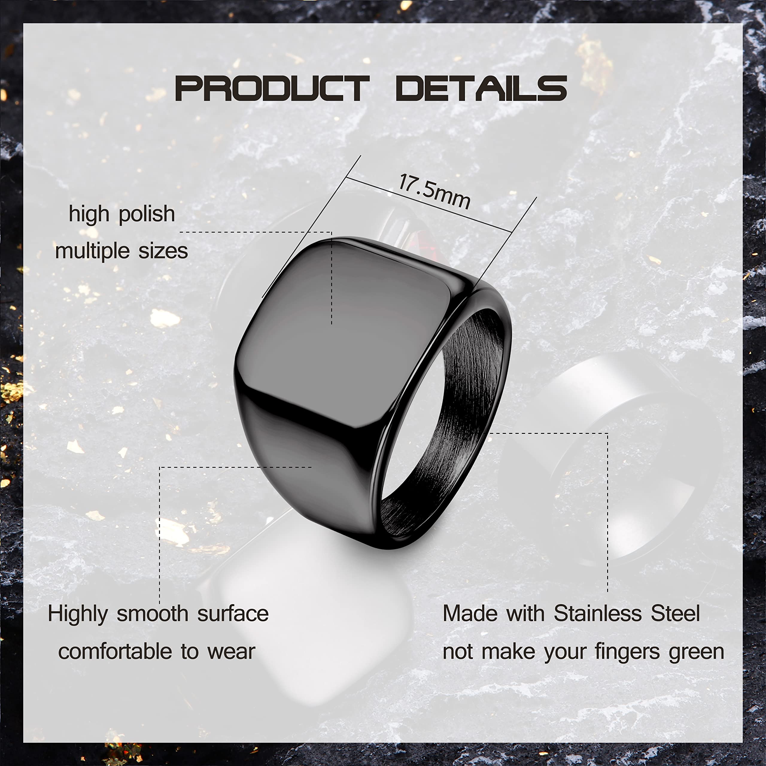 Dochais 3PCS Men's Stainless Steel Signet Rings - Square Agate Onyx Biker Rings, Solid Polished Retro Band Rings Set (Size 7-13) - Perfect for Casual Wear, Gifts & Biker Fashion Accessories