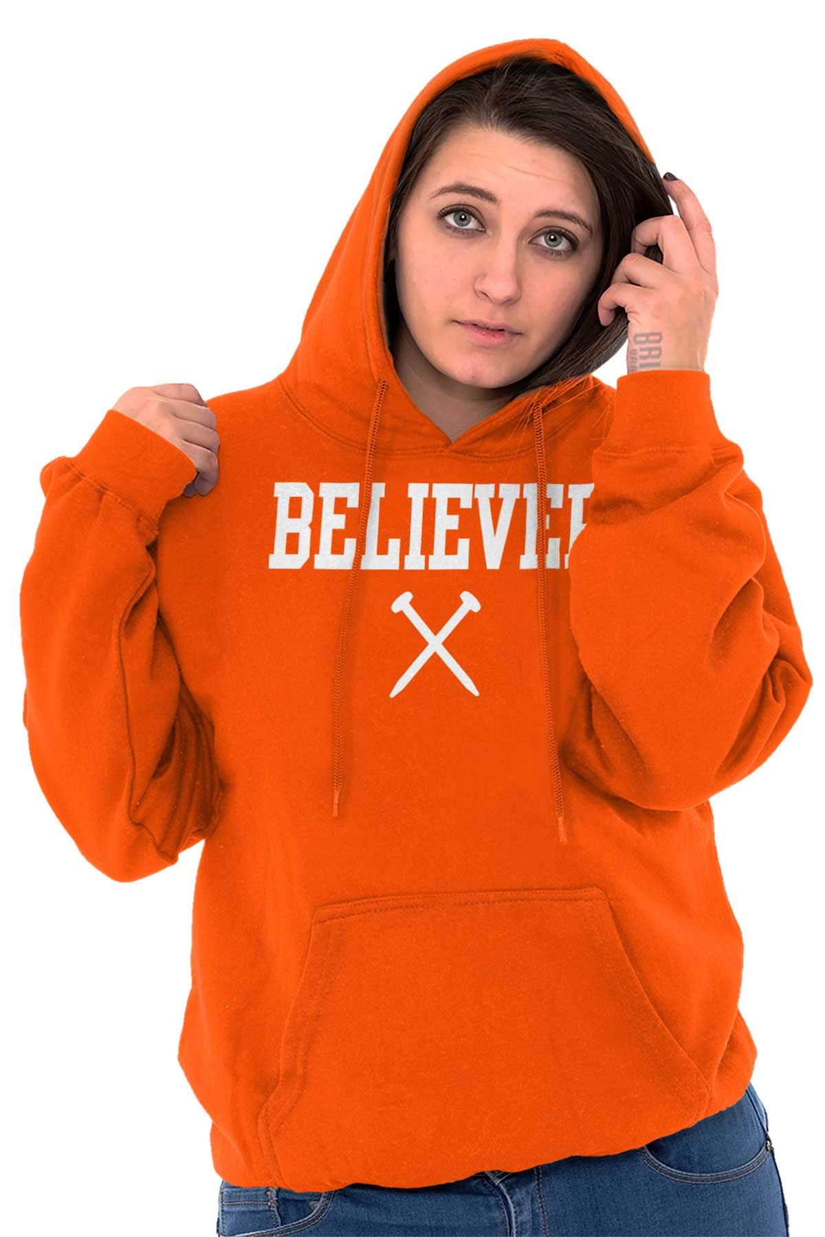 Classic Teaze Believer Nails Cross Christian Hoodie Sweatshirt for Women & Men - Religious Apparel for Church, Worship & Everyday Faith Wear