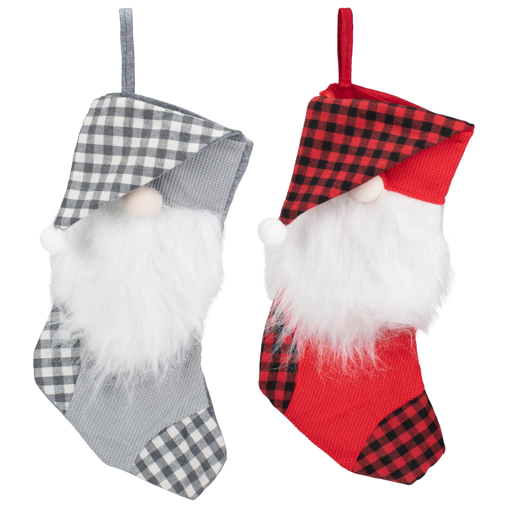 Buffalo Check Gnome Christmas Stockings Set of 2 - 18-inch Festive Holiday Decorations - Red and Black Plaid Polyester Stockings for Fireplace Mantel, Gift Exchange & Christmas Tree Decor