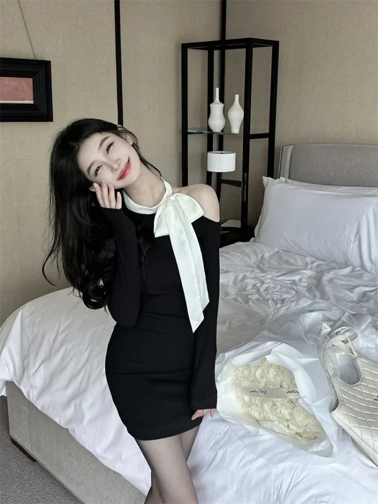 Black Off Shoulder Bodycon Mini Dress for Women - Sexy Wrap Slim Short Party Dress | Korean Fashion Kpop Bow Design | Perfect for Evening Parties, Clubbing & Date Nights