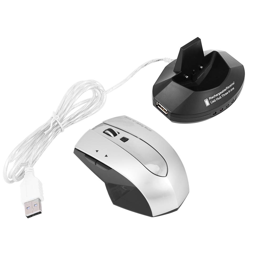 LZKW Wireless Ergonomic Gaming Mouse with Charging Dock & 3-Port USB Hub - Gray PC Gaming Mouse for Laptop & Desktop Computers | Perfect for Esports, Office Work & Mobile Gaming