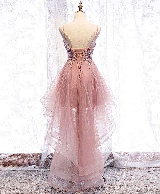 Elegant Pink Tulle Lace High-Low Prom Dress for Homecoming - Perfect for Formal Dances, Graduation Parties & Special Occasions