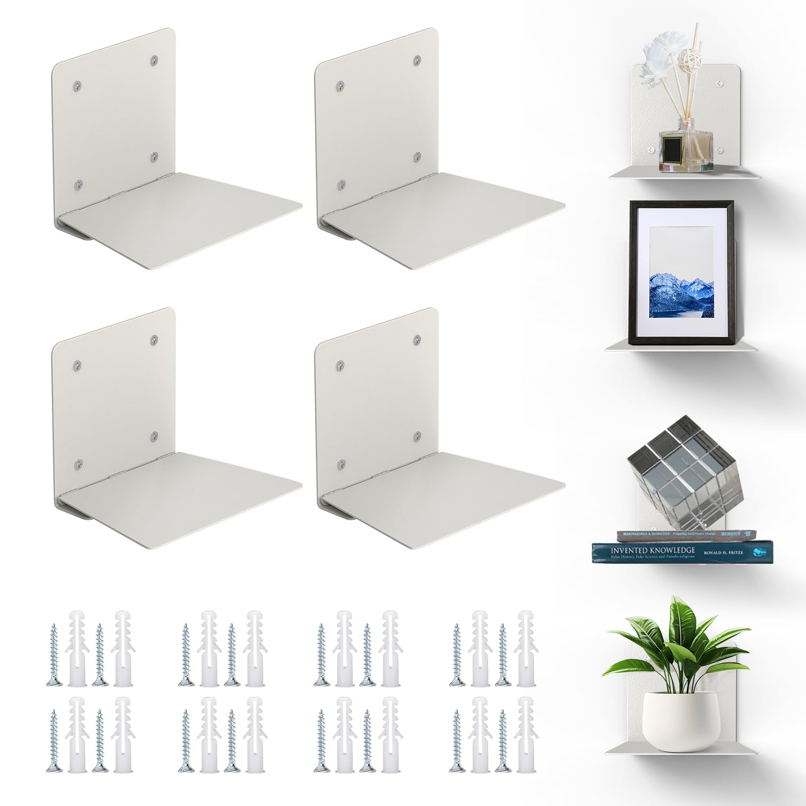Eapele Floating Wall Bookshelves - Set of 4 Steel Hidden Bookshelves with Mounting Hardware (Grey) - Perfect for Living Room, Bedroom & Office Book Storage & Display