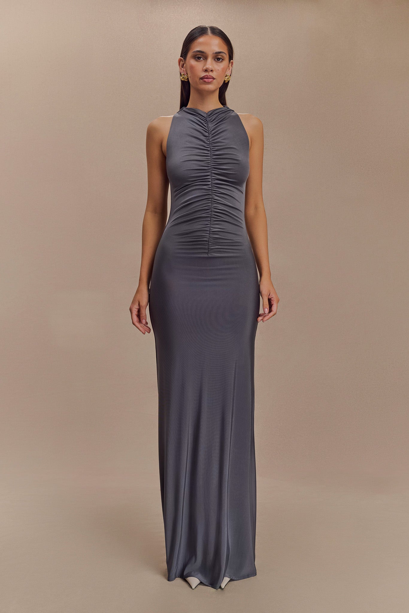 Priya Slinky Ruched Halter Maxi Dress - Dark Charcoal - Elegant Evening Gown for Parties, Weddings & Special Occasions