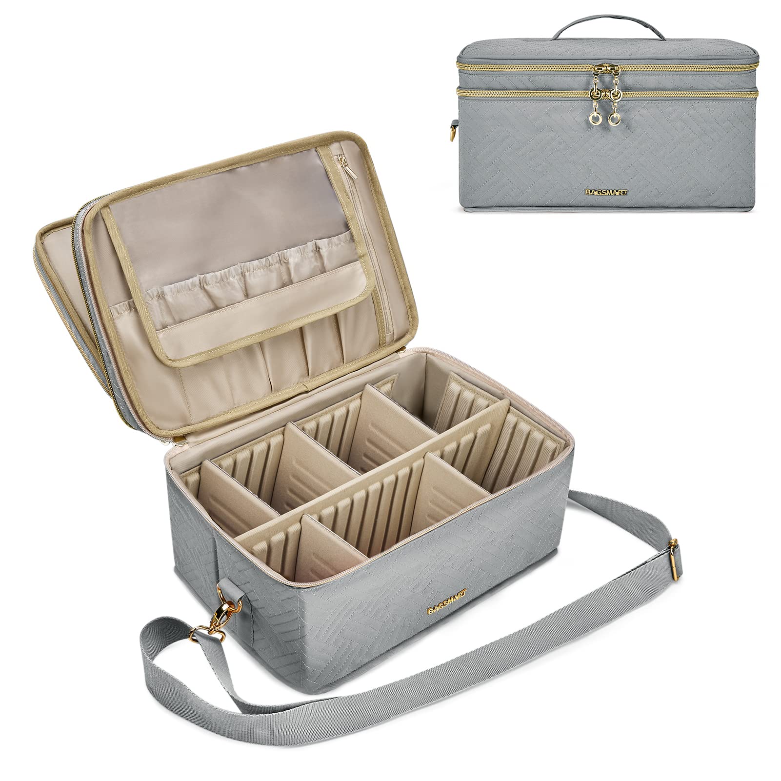 BAGSMART Large Double Layer Makeup Bag with Shoulder Strap - Travel Cosmetic Organizer for Cosmetics, Makeup Brushes & Toiletries - Perfect for Travel, Home Storage & On-the-Go (Grey)