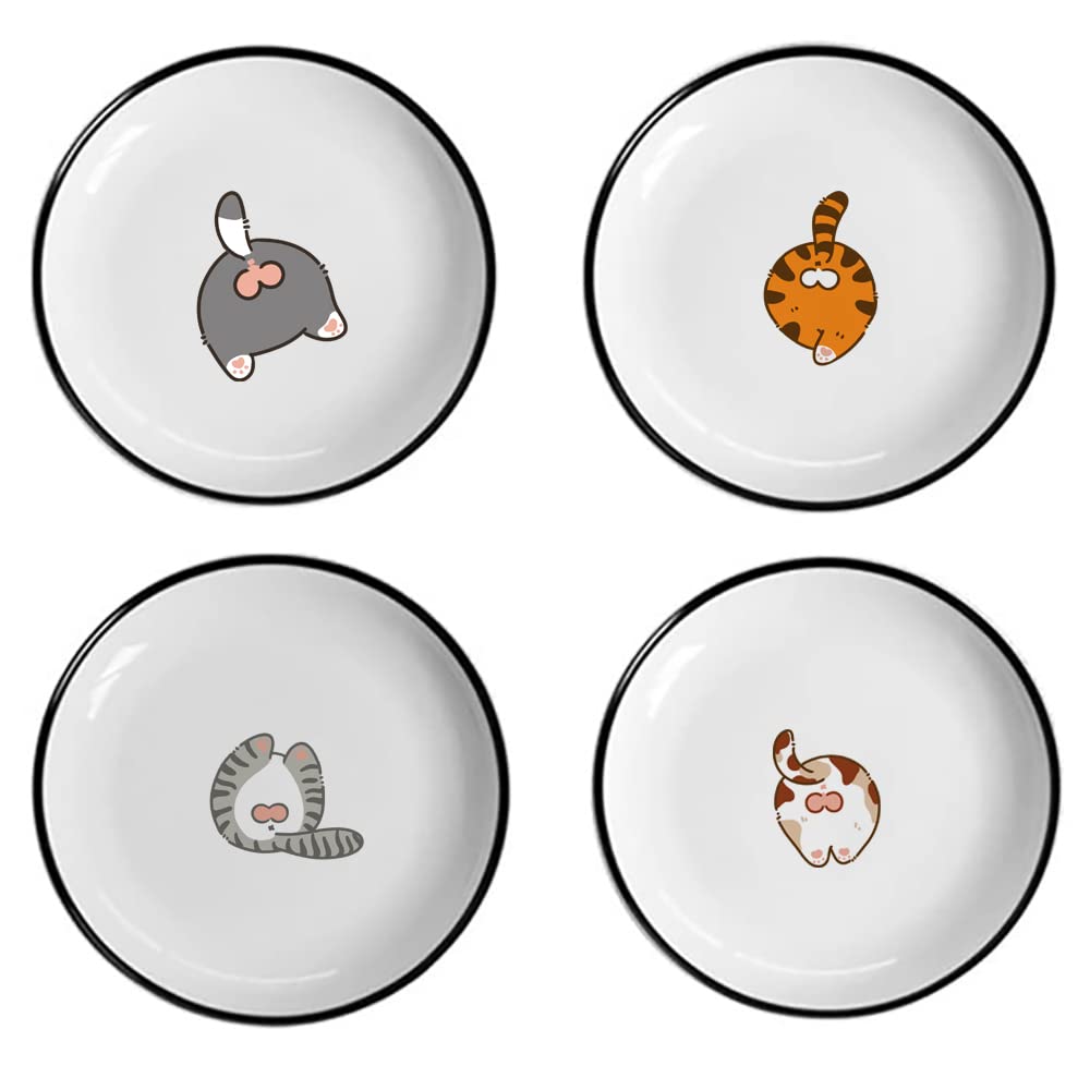 Funny Cartoon Cat Ceramic Sauce Dishes - Cute Cat Butt Sushi Soy Dipping Bowls & Appetizer Plates - Set of 4 Kitchen Serving Dishes for Home, Parties & Cat Lovers