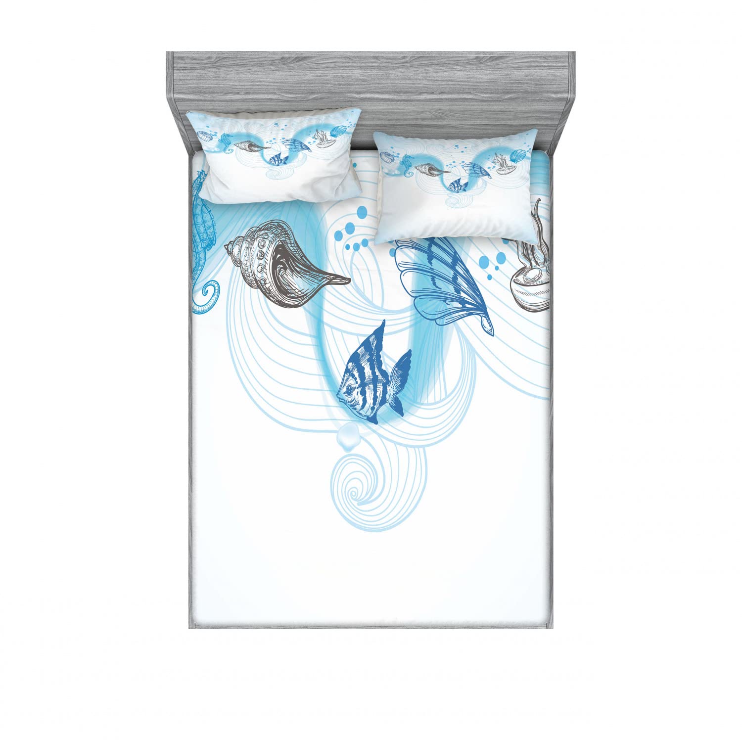 Lunarable Nautical 2-Piece Queen Fitted Sheet Set with 4 Pillow Shams - Seashell & Ocean Wave Design in Pale Blue Grey | Coastal Bedroom Decor for Beach House & Vacation Homes