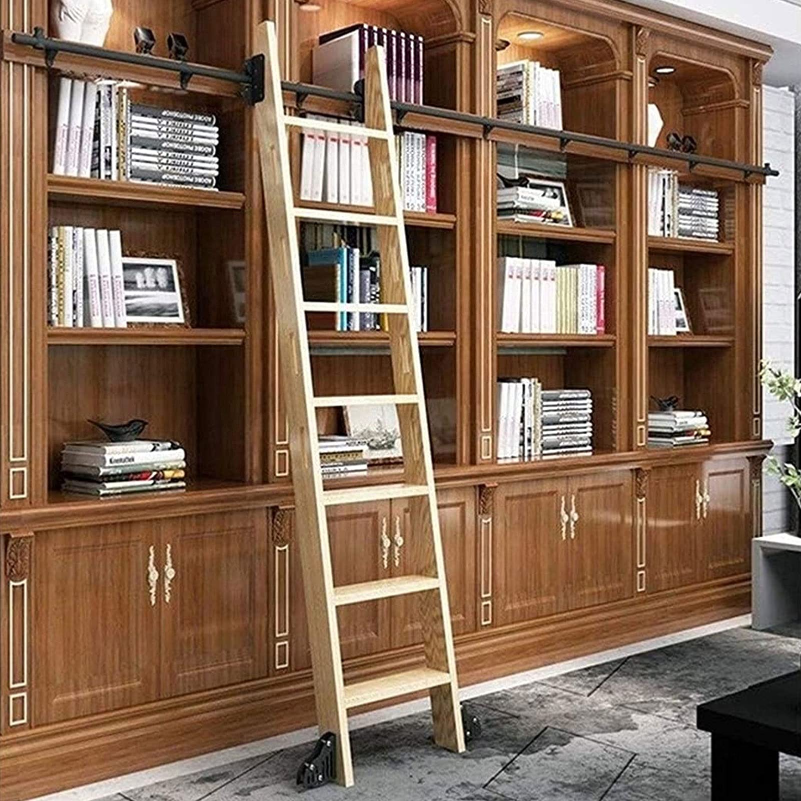 Black Steel Library Ladder Extension Rail 100/200/300/400/500/600 cm - Complete Sliding Ladder Hardware Kit (Ladder Not Included) - Perfect for Home Libraries, Loft Storage, and Warehouse Shelving Access