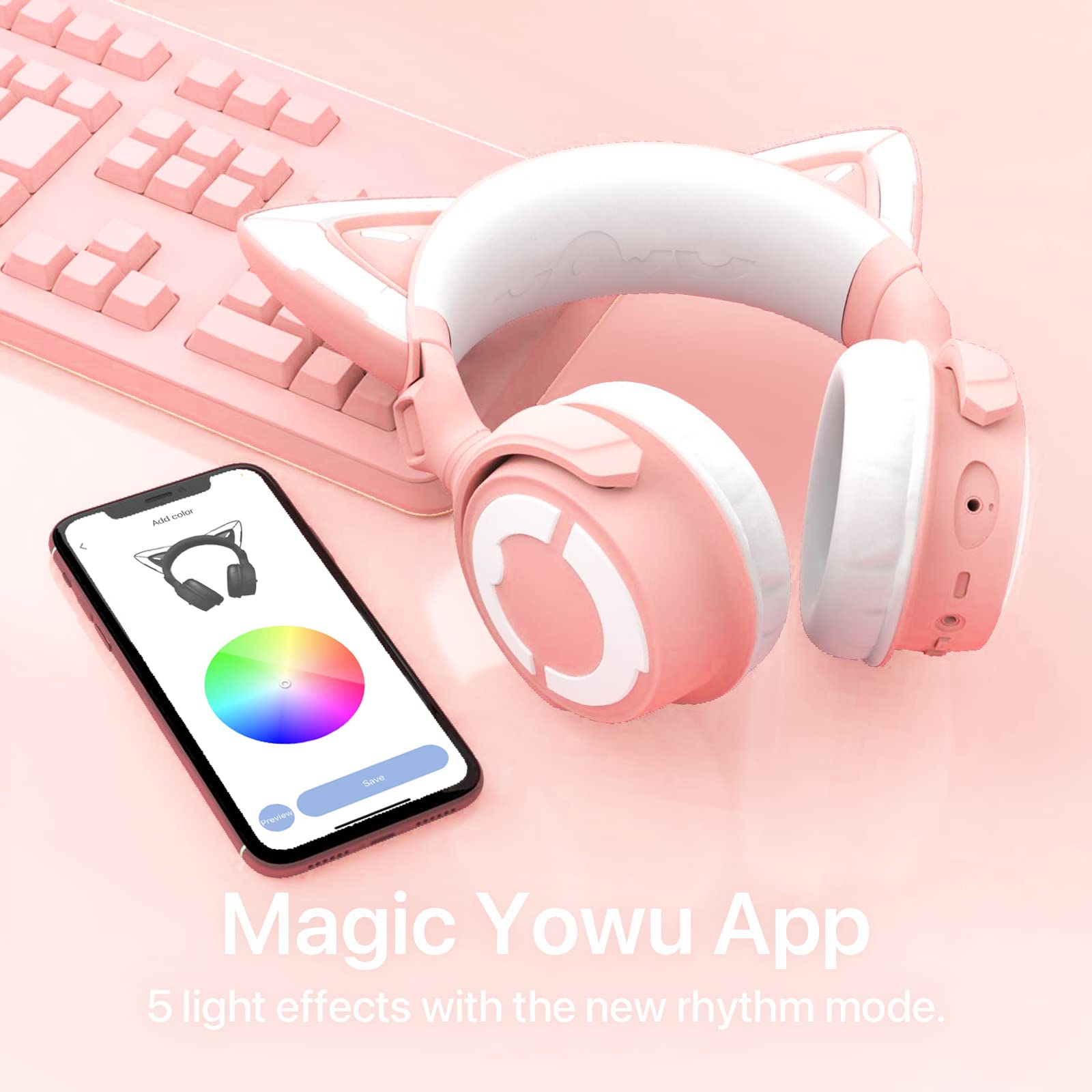 YOWU RGB Cat Ear Headphones 4 - Upgraded Wireless & Wired Gaming Headset with Detachable HD Mic, Active Noise Cancelling, Dual-Channel Stereo & Customizable LED Effects via App (Pink) - Perfect for Gaming, Streaming, Music & Cosplay
