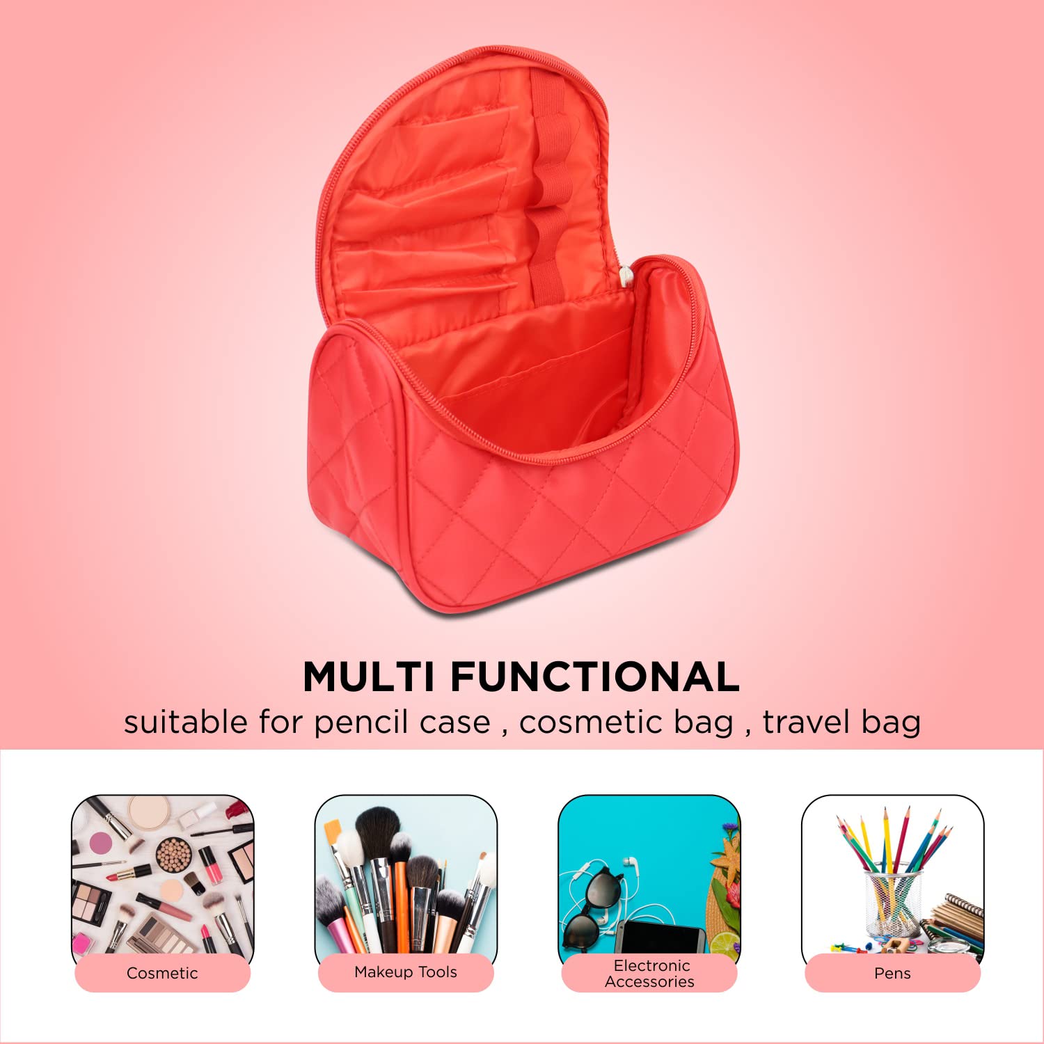 NFI Essentials Solid Color Cosmetic Pouch - Waterproof Makeup Travel Bag & Jewelry Organizer for Women | Multi-Purpose Vanity Case, Bridal Gift, Pencil Pouch | Perfect for Travel, Office & Daily Use (Red)