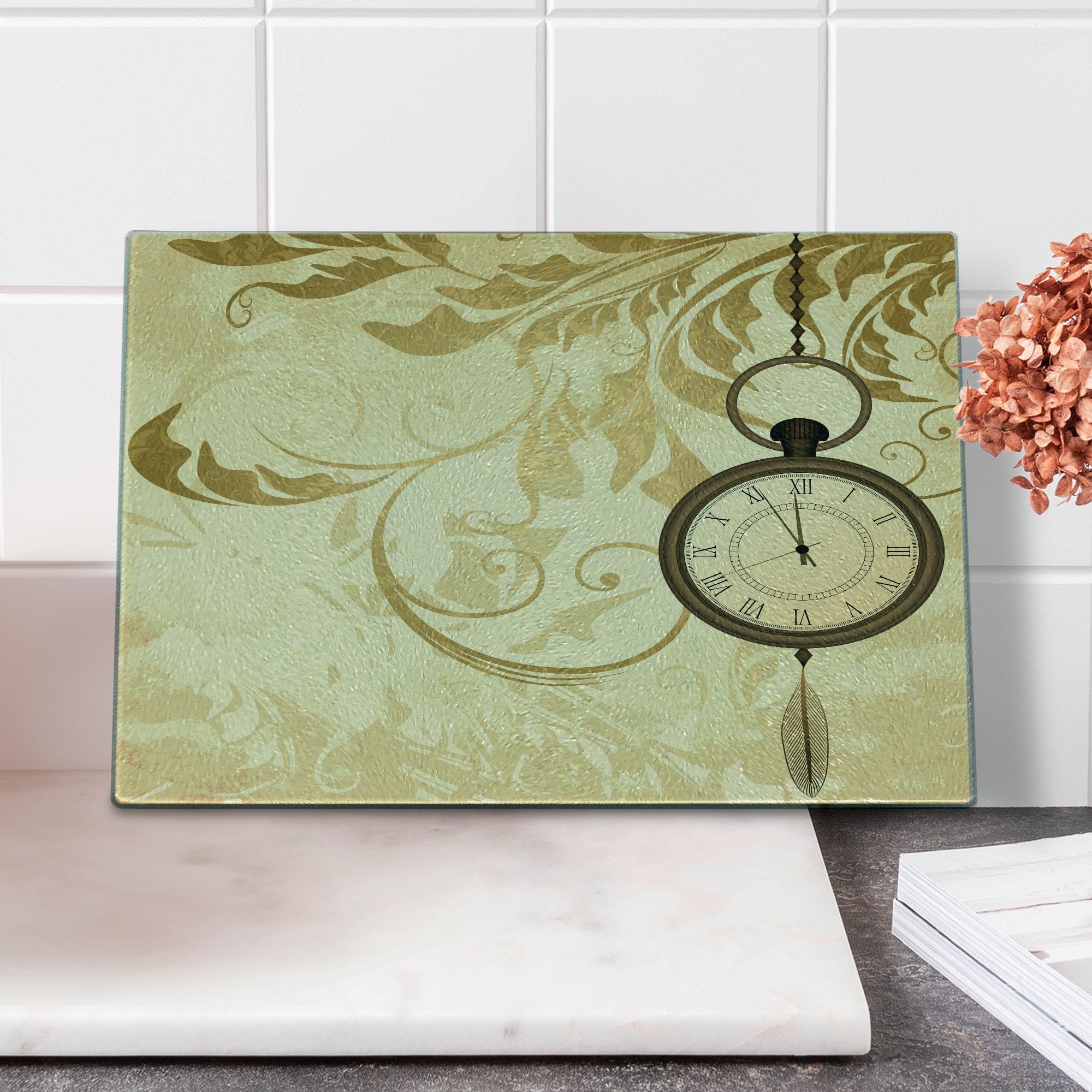 Vintage Pocket Watch Design Tempered Glass Cutting Board - Brown Small Decorative Serving Tray with Grungy Retro Art Print | Perfect for Cheese Display, Charcuterie Serving & Kitchen Decor