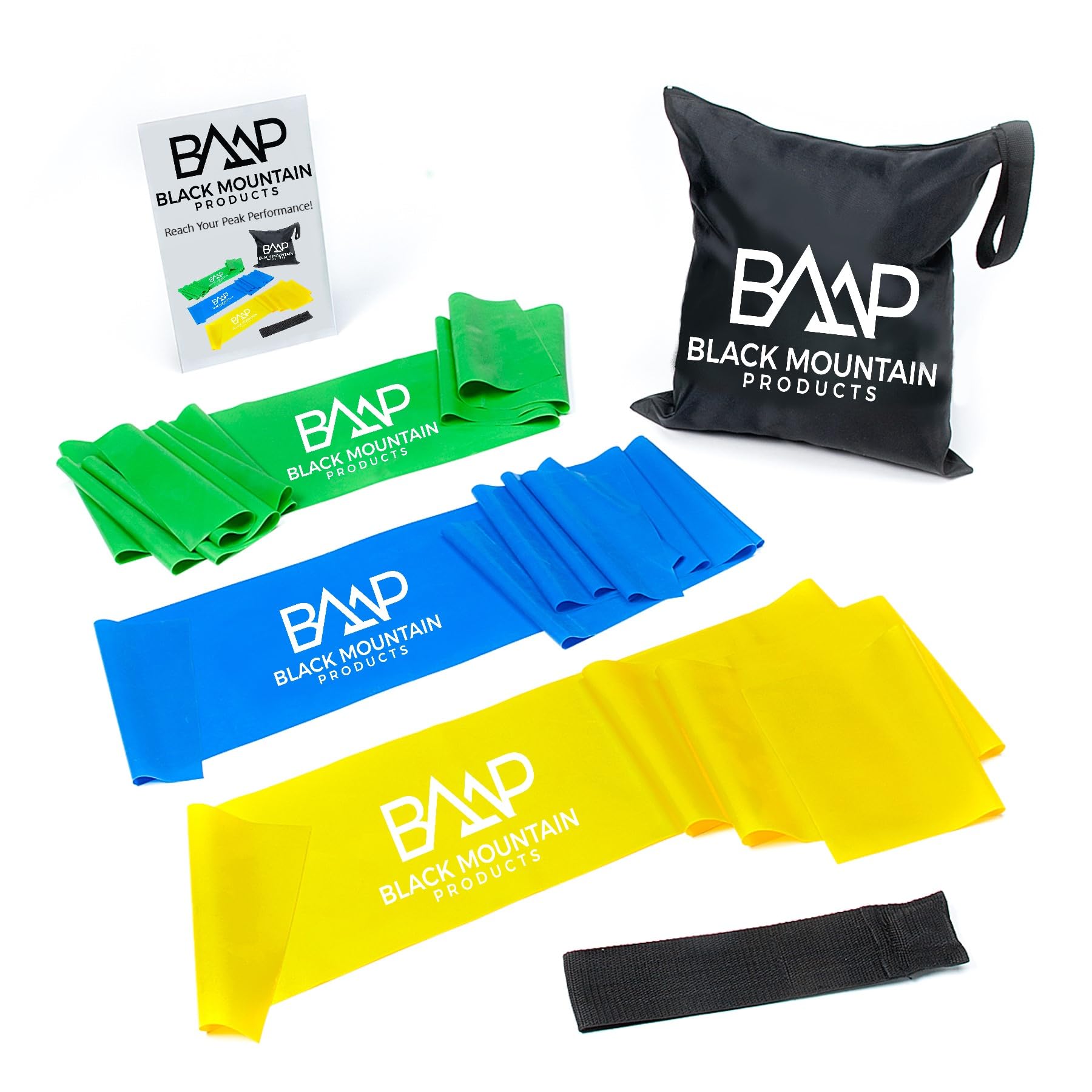 Black Mountain Products Resistance Bands Set - 5 Therapy Exercise Bands with Carrying Case, Door Anchor & Starter Guide (Yellow, Blue, Green) - Perfect for Home Workouts, Physical Therapy & Fitness Training