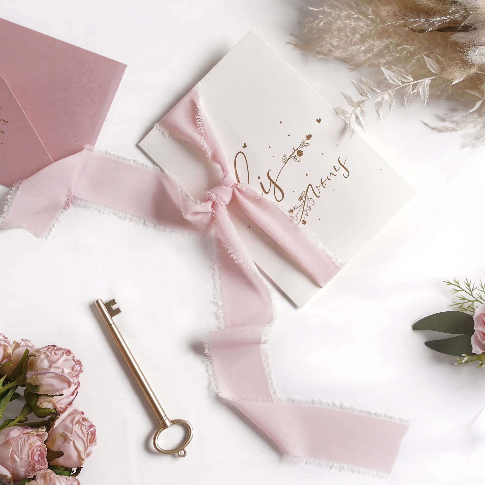 MEEDEE 2 Inch Pink Chiffon Ribbon with Frayed Fringe - Light Pink Silk Ribbon for Crafts, Gift Wrapping, Wedding Decor (3 Rolls 21 Yards) - Perfect for DIY Projects, Bridal Bouquets, and Invitation Embellishments