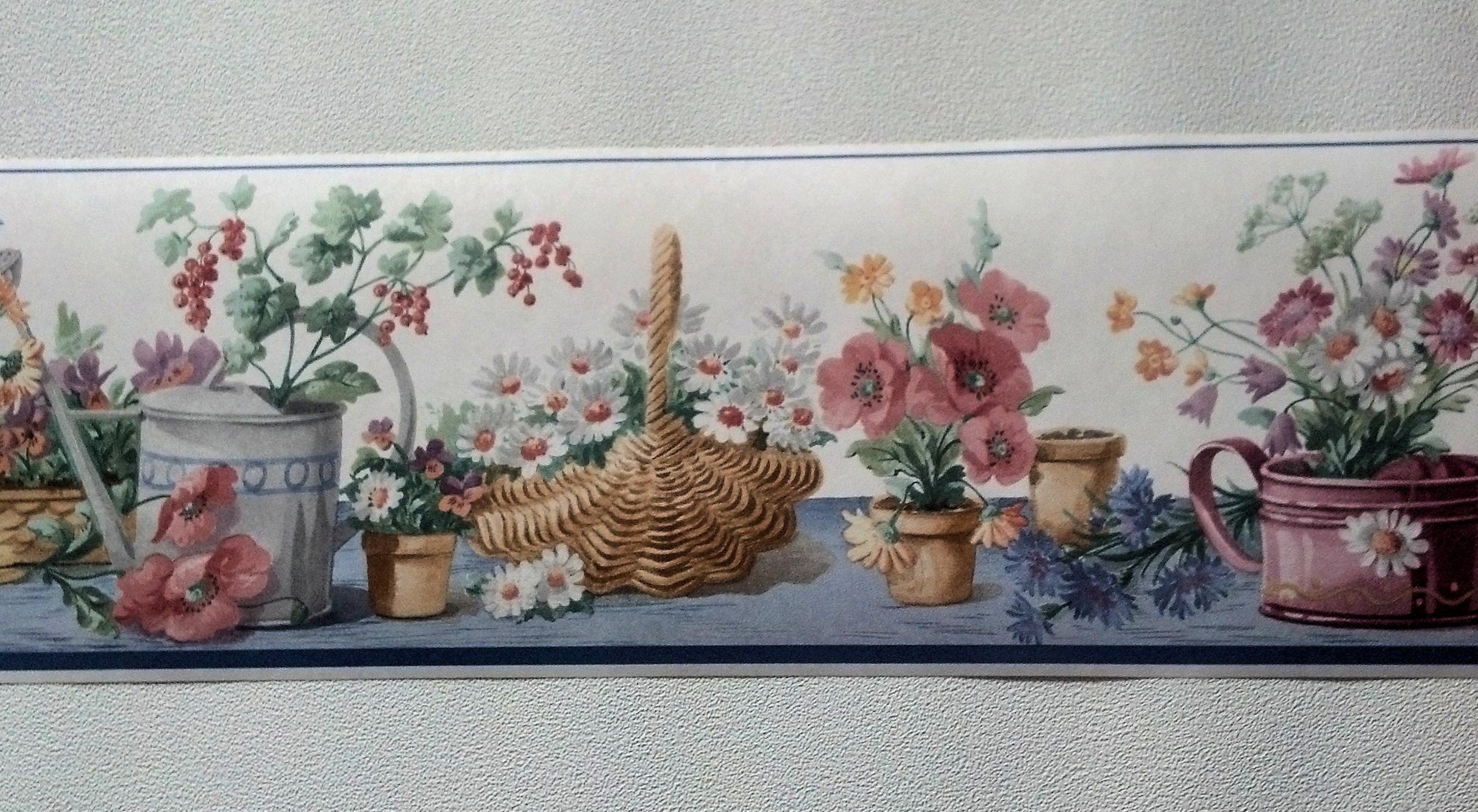 Blue Gardening Flowers Watering Can Wallpaper Border - Decorative Floral Wall Decor for Home, Bedroom, Nursery & Living Room
