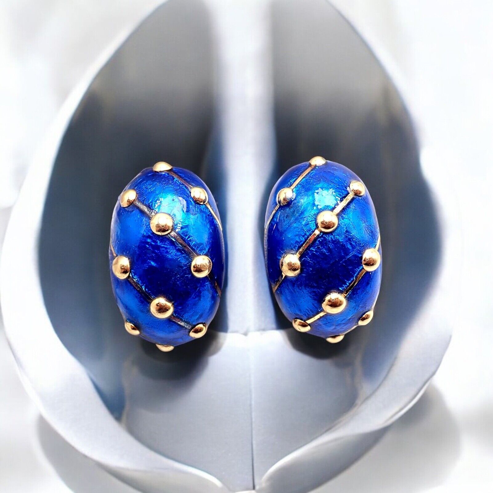 Tiffany & Co Schlumberger 18k Yellow Gold Large Blue Enamel Banana Clip Earrings - Luxury Vintage Jewelry for Women, Perfect for Parties, Weddings & Special Occasions