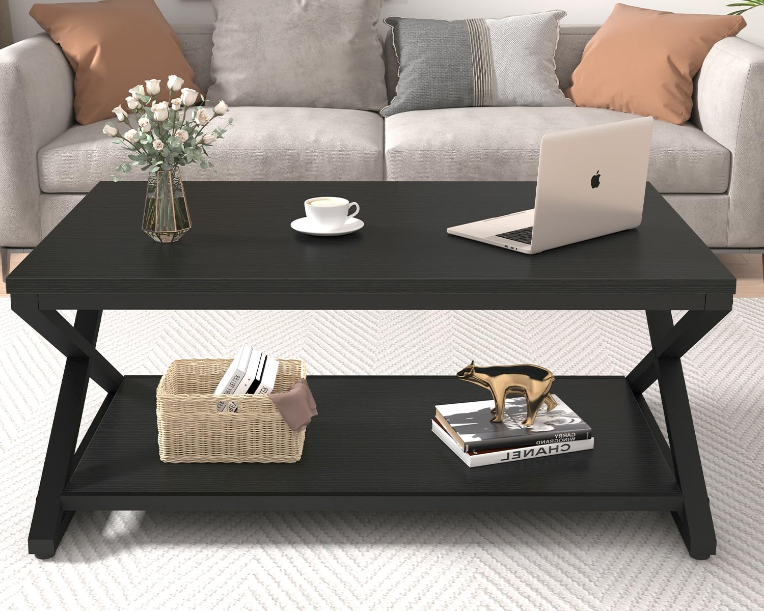 HSH Modern Minimalist Black Coffee Table with Storage Shelf - 39 Inch 2-Tier Rectangle Metal & Wood Center Table for Living Room, Home Office, Bedroom - Perfect for Cocktail Parties, Tea Time, and Display Decor