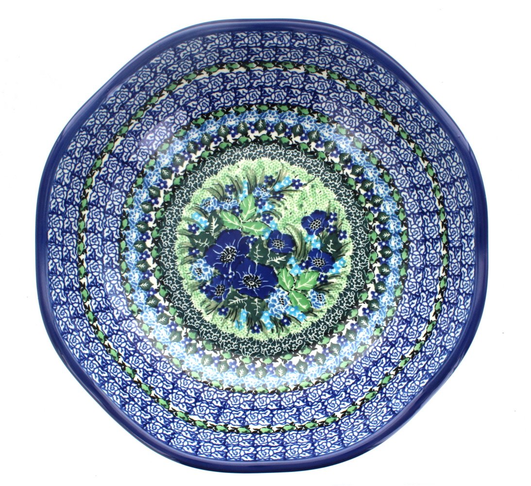 Blue Rose Polish Pottery Sapphire Fields Large Scallop Bowl - Handmade Ceramic Serving Dish for Soup, Salad, Pasta | Perfect for Dinner Parties, Home Decor & Gift Giving