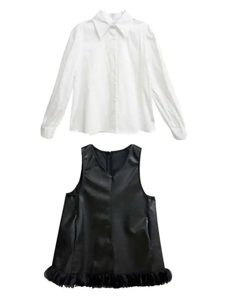 Black Leather Mesh Dress Shirt & Suit Set for Women - Fashionable Two-Piece Lapel Long Sleeve Outfit for Spring & Fall 2025 (Style 1DH9256) | Perfect for Office Wear, Evening Events & Special Occasions