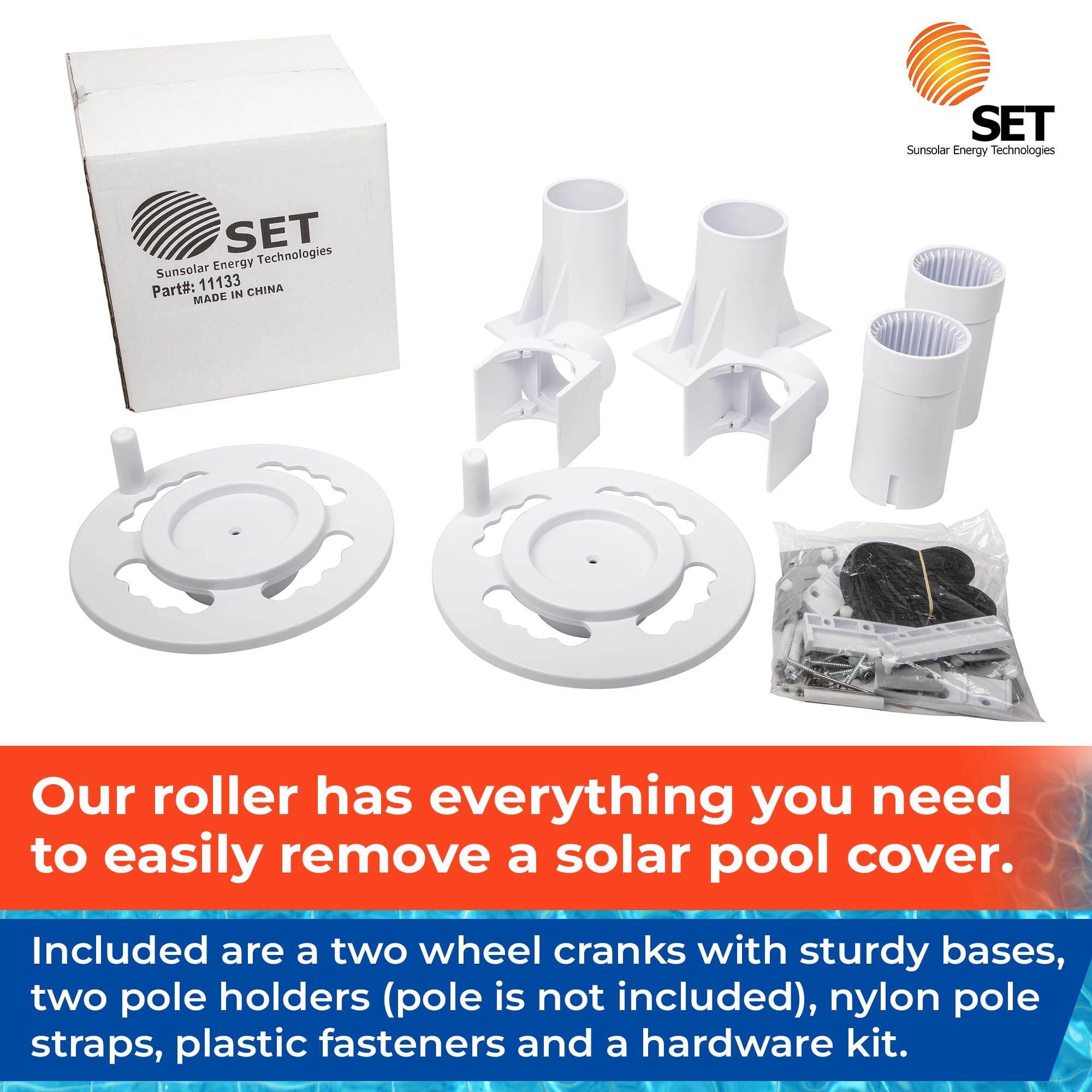 SunSolar Solar Cover Reel Kit for Above Ground Pools - Heavy Duty Plastic Wheel Cranks for Easy Pool Cover Rolling - Includes Straps & Clamps - Fits 3-Inch Poles (Pole Not Included) - Perfect for Backyard Pool Maintenance & Winter Protection