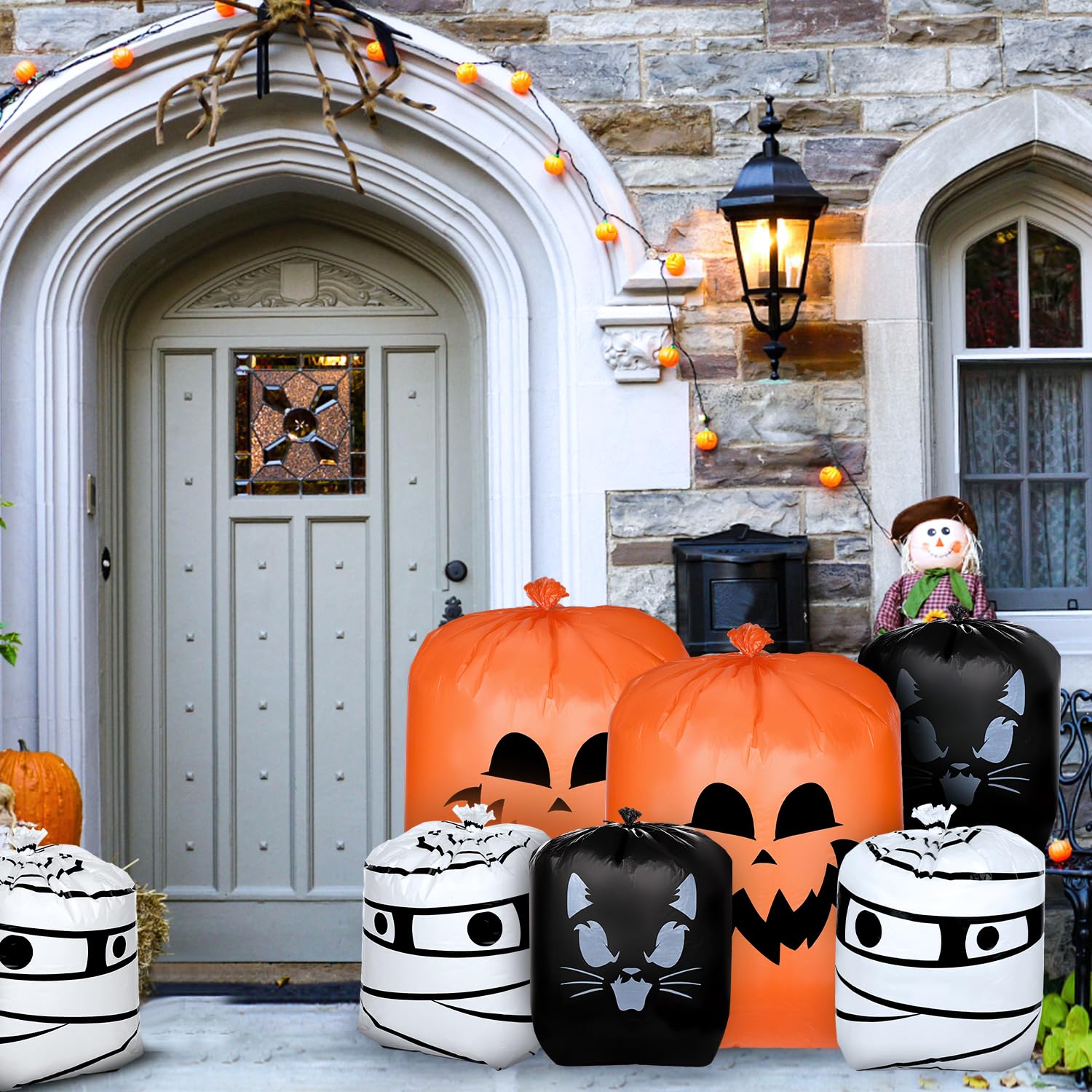 8-Piece Halloween Pumpkin Leaf Bags Set (36x48 Inch & 24x30 Inch) - Reusable Plastic Lawn Leaf Bags for Halloween Decorations, Outdoor Fall Garden Party, Yard Cleanup & Seasonal Decor