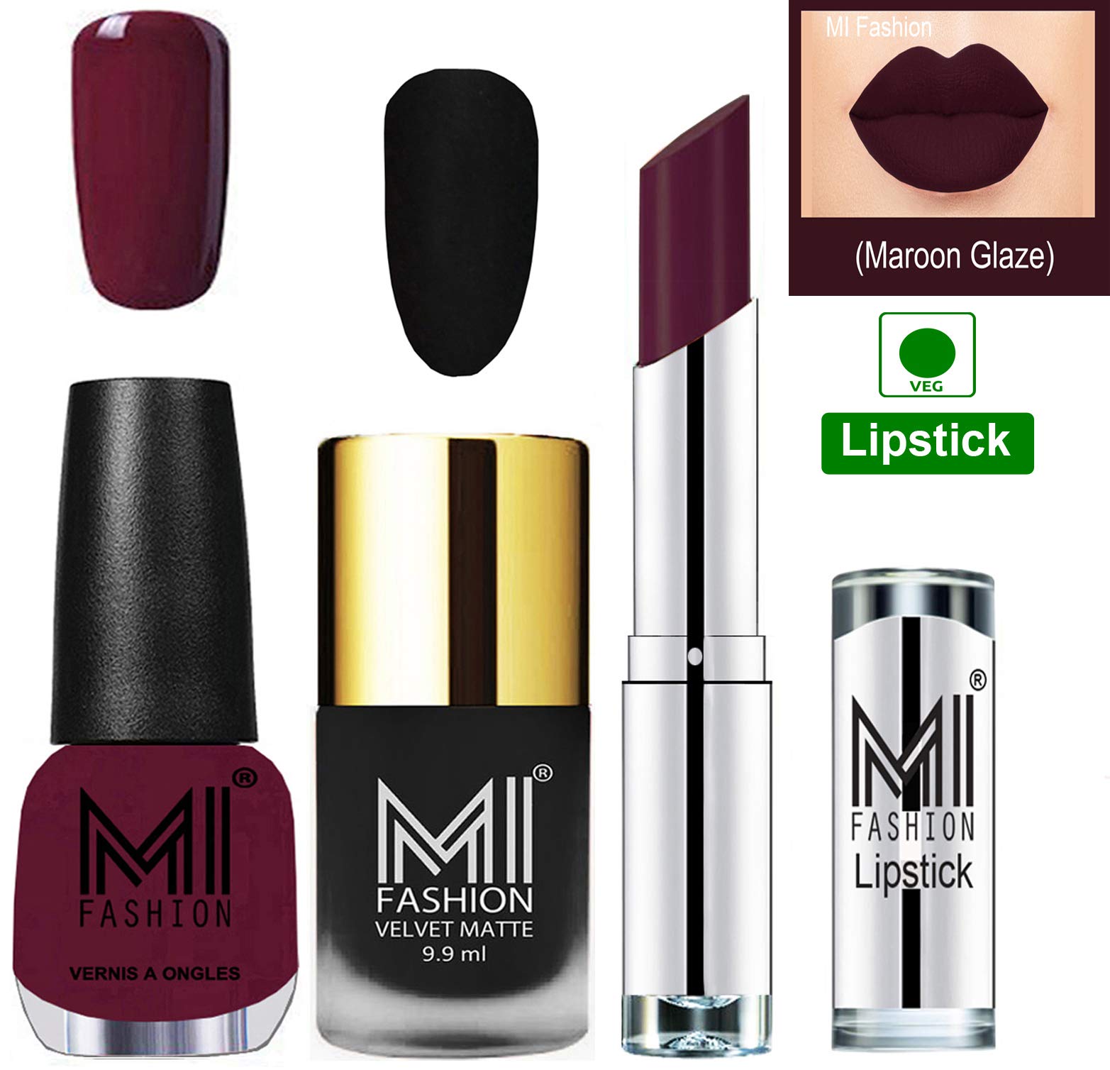 MI Fashion Matte Black Nail Polish & Lipstick Set - Wonder Wine Shine & Maroon Rebel | Long Lasting Vegan Makeup Combo for Parties, Date Night & Special Occasions