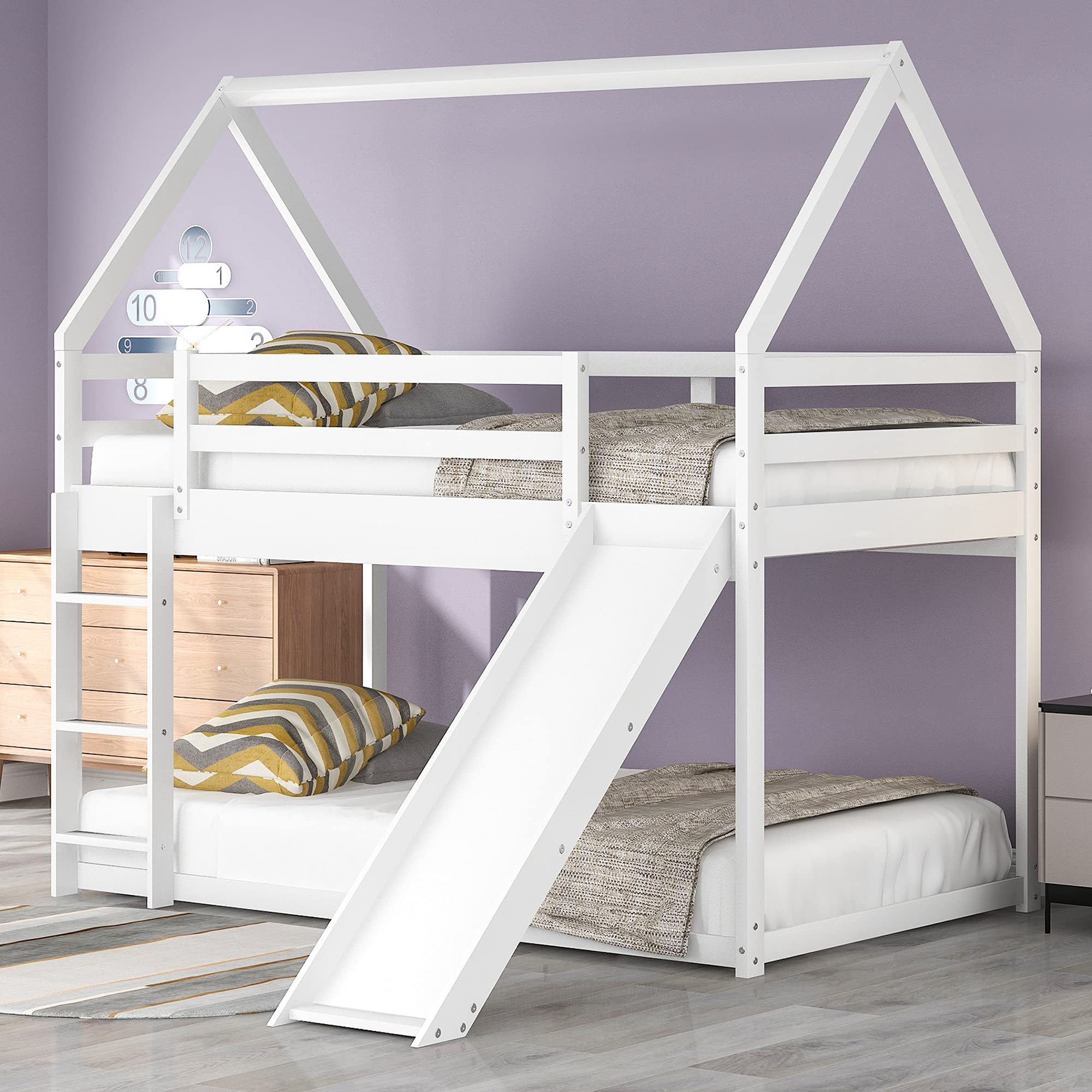P PURLOVE Twin Over Twin Wooden House Bunk Bed with Slide & Ladder - Low Floor Kids Bunk Bed with Roof for Bedroom, Playroom or Living Room - Perfect for Children & Teens Sleep and Play