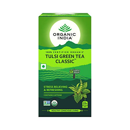 Organic Tulsi Green Tea Bags - 25 Count | Stress Relief & Immune Support | Perfect for Morning Boost & Relaxation