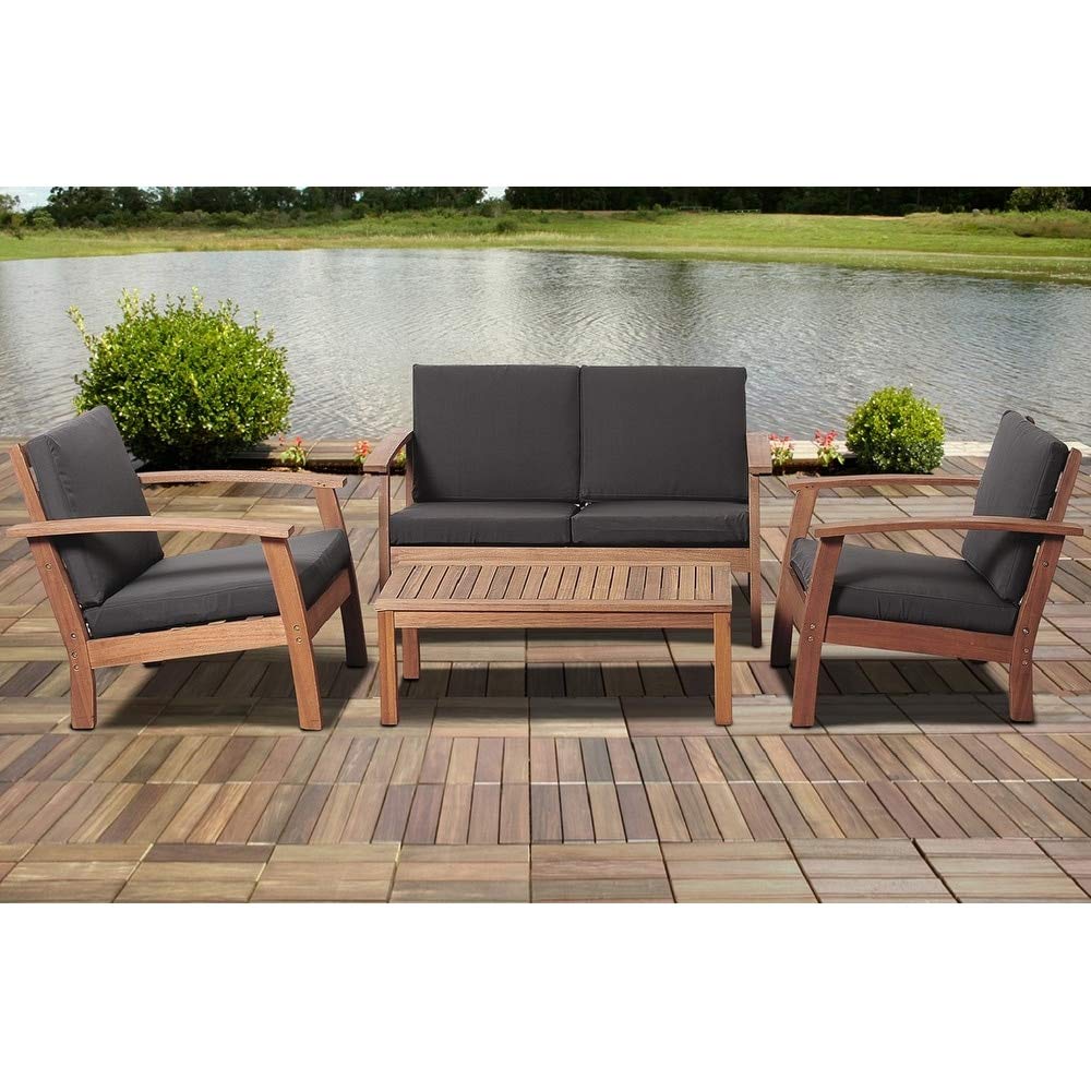 4-Piece Eucalyptus Outdoor Conversation Set with Black Cushions - Brown Traditional Patio Furniture for Garden, Backyard, and Poolside Relaxation