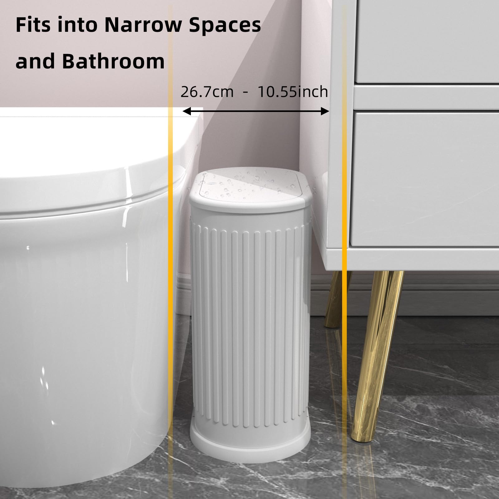 1.8 Gallon Small White Bathroom Trash Can with Lid - Slim Space-Saving Garbage Bin with Removable Liner & Dog-Proof Pop-Up Lid - Perfect for Bathroom, Bedroom, Toilet & Pet-Friendly Homes